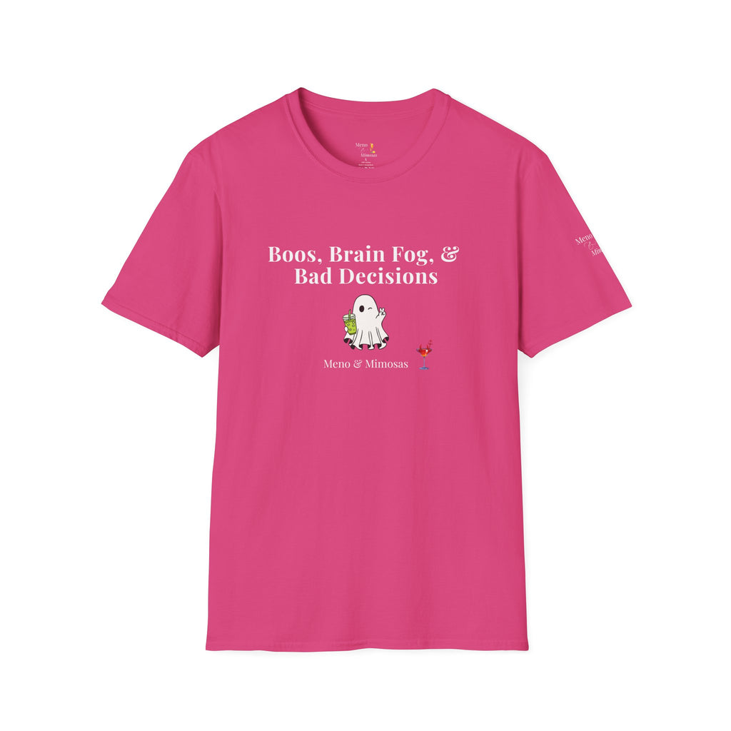"Boos, Brain Fog & Bad Decisions" Funny Menopause Humour T-Shirt by Meno & Mimosas