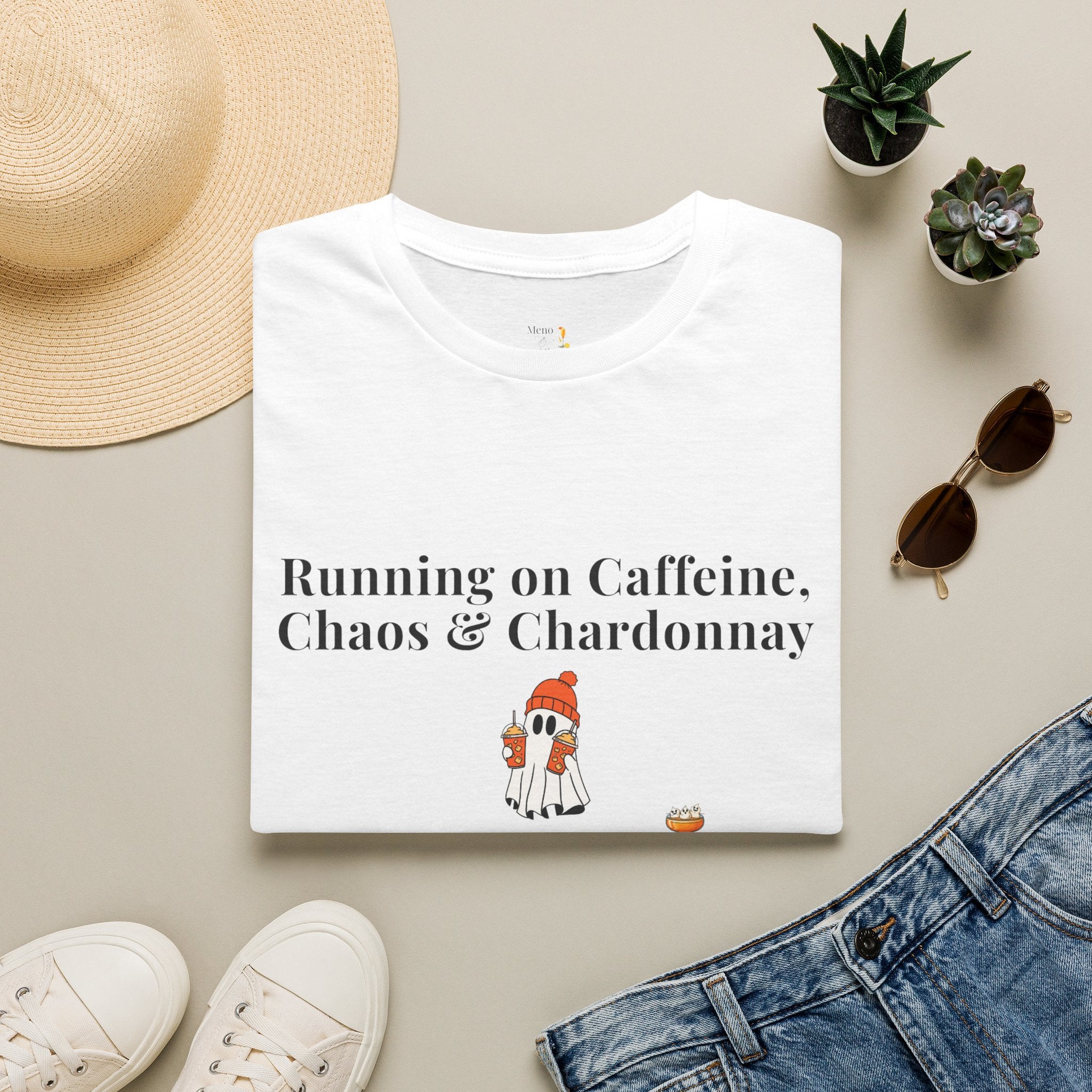 "Running on Caffeine, Chaos, & Chardonnay" Funny Menopause Humour T-Shirt by Meno & Mimosas - Halloween Collection