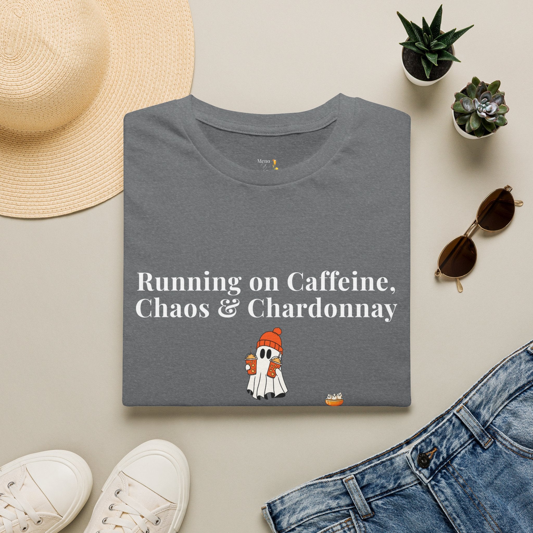 "Running on Caffeine, Chaos & Chardonnay" Funny Halloween T-Shirt by Meno & Mimosas