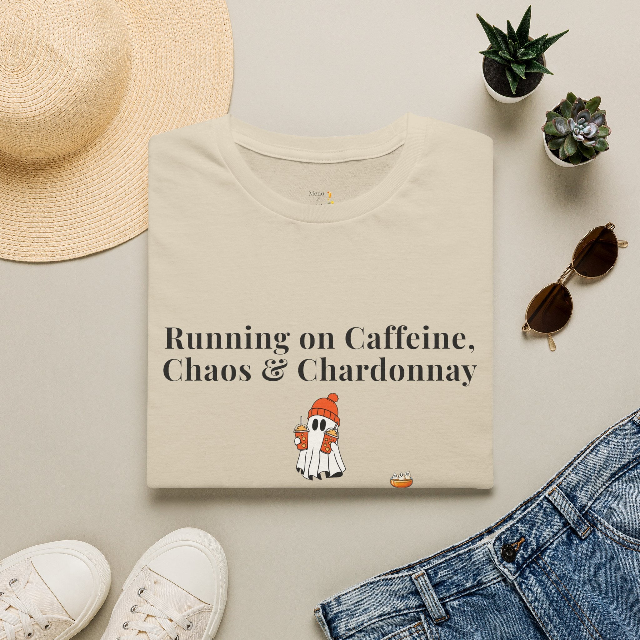 "Running on Caffeine, Chaos, & Chardonnay" Funny Menopause Humour T-Shirt by Meno & Mimosas - Halloween Collection