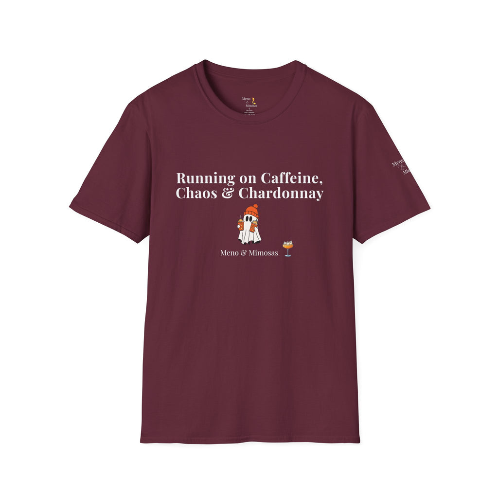 "Running on Caffeine, Chaos & Chardonnay" Funny Halloween T-Shirt by Meno & Mimosas