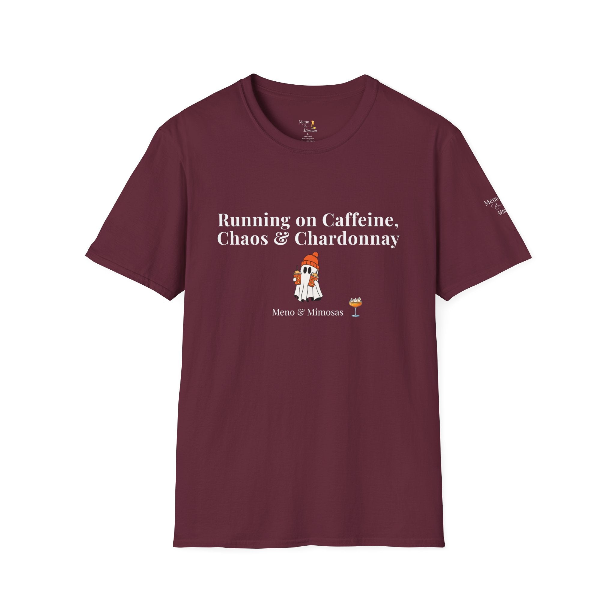 "Running on Caffeine, Chaos & Chardonnay" Funny Halloween T-Shirt by Meno & Mimosas