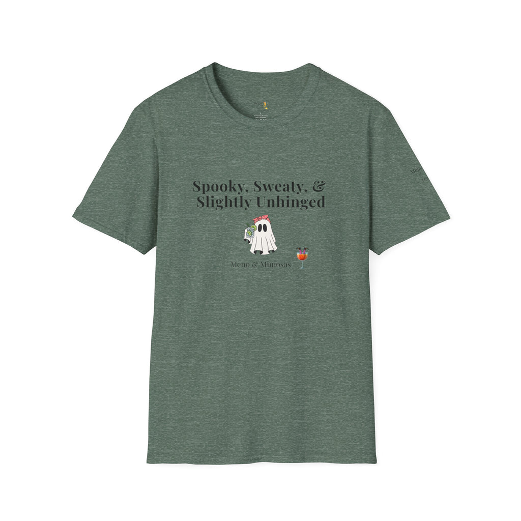 "Spooky, Sweaty, & Slightly Unhinged Funny T-Shirt by Meno & Mimosas - Halloween Collection