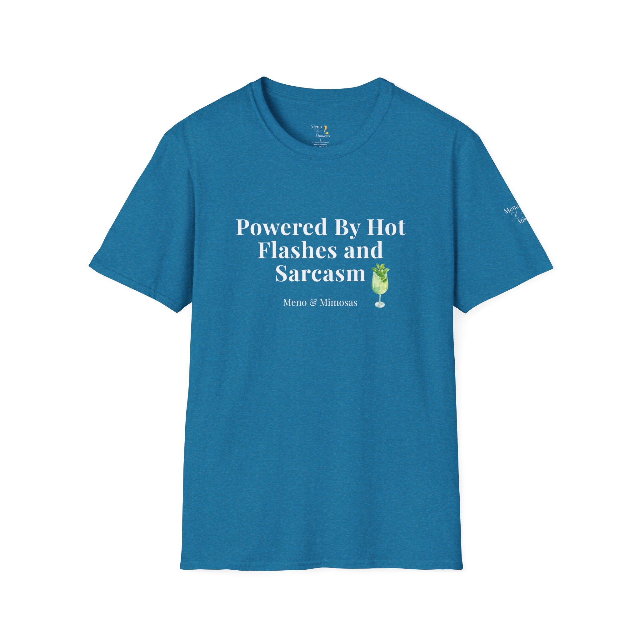 "Powered By Hot Flashes & Sarcasm" Funny Menopause T-Shirt by Meno & Mimosas