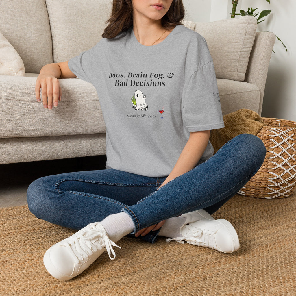 "Boos, Brain Fog, & Bad Decisions" Funny menopause humour T-Shirt from Meno & Mimosas