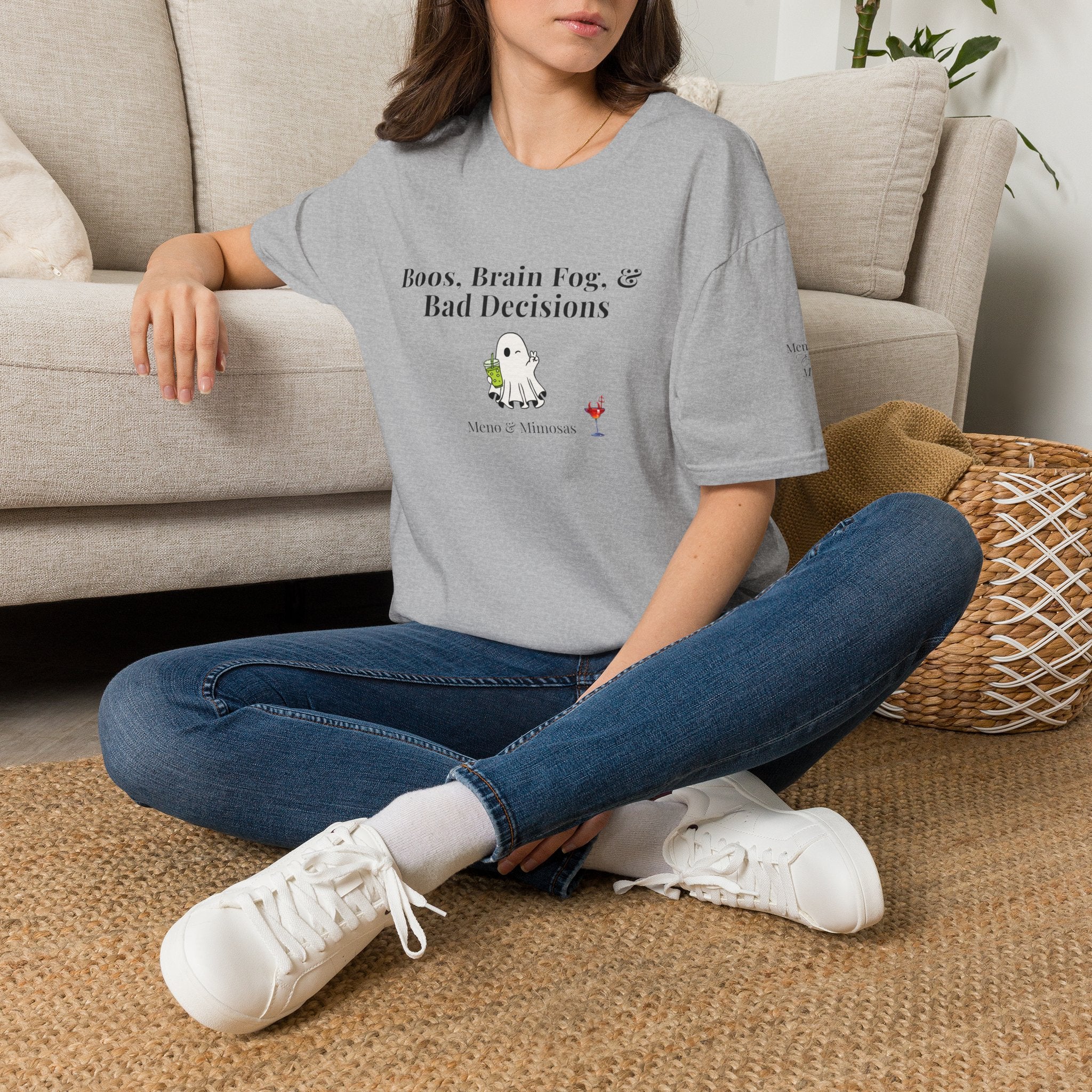 "Boos, Brain Fog, & Bad Decisions" Funny menopause humour T-Shirt from Meno & Mimosas