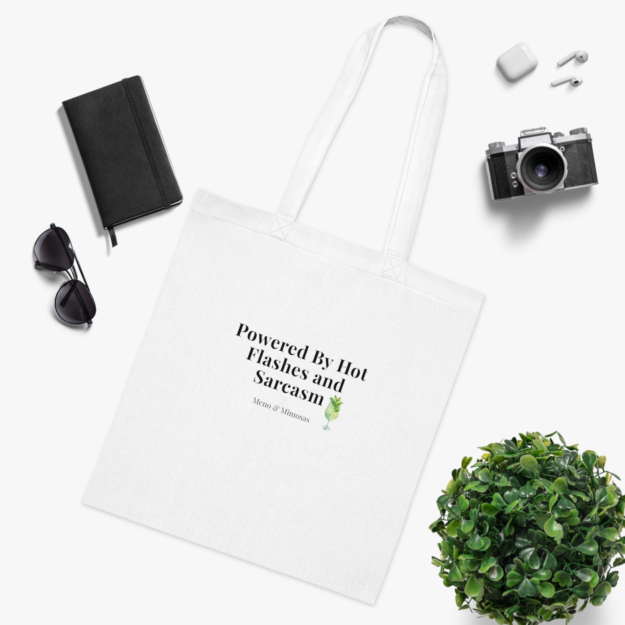 "Powered by Hot Flashes and Sarcasm" Funny Menopause Cotton Tote Shopping Bag by Meno & Mimosas