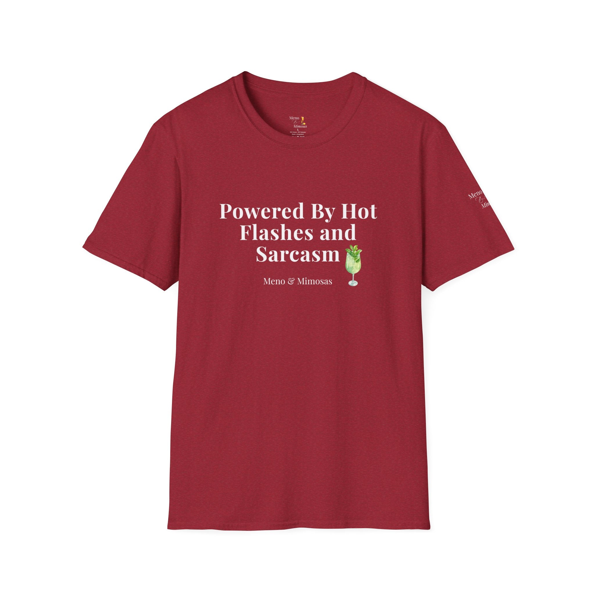 "Powered By Hot Flashes & Sarcasm" Funny Menopause T-Shirt by Meno & Mimosas
