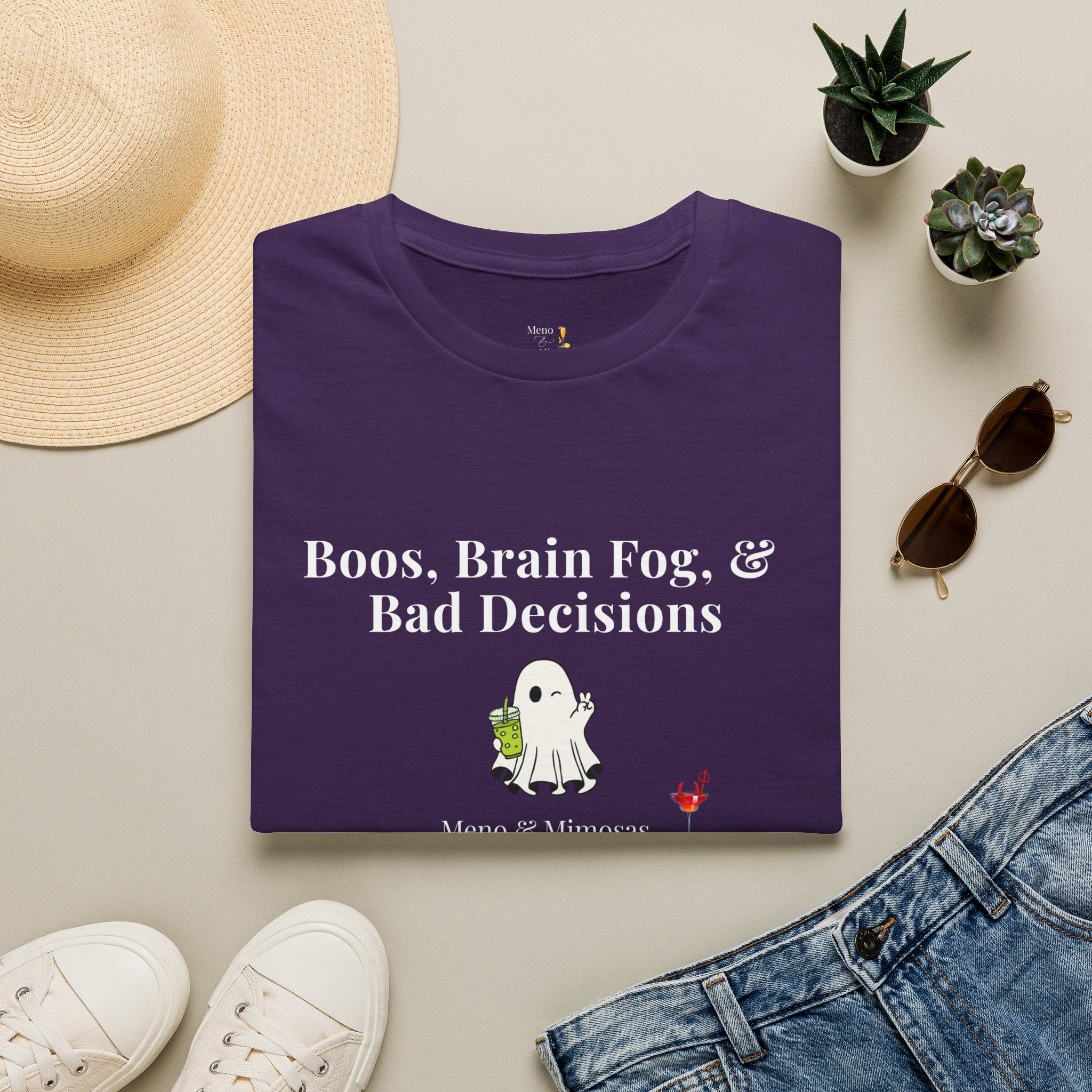 "Boos, Brain Fog & Bad Decisions" Funny Menopause Humour T-Shirt by Meno & Mimosas