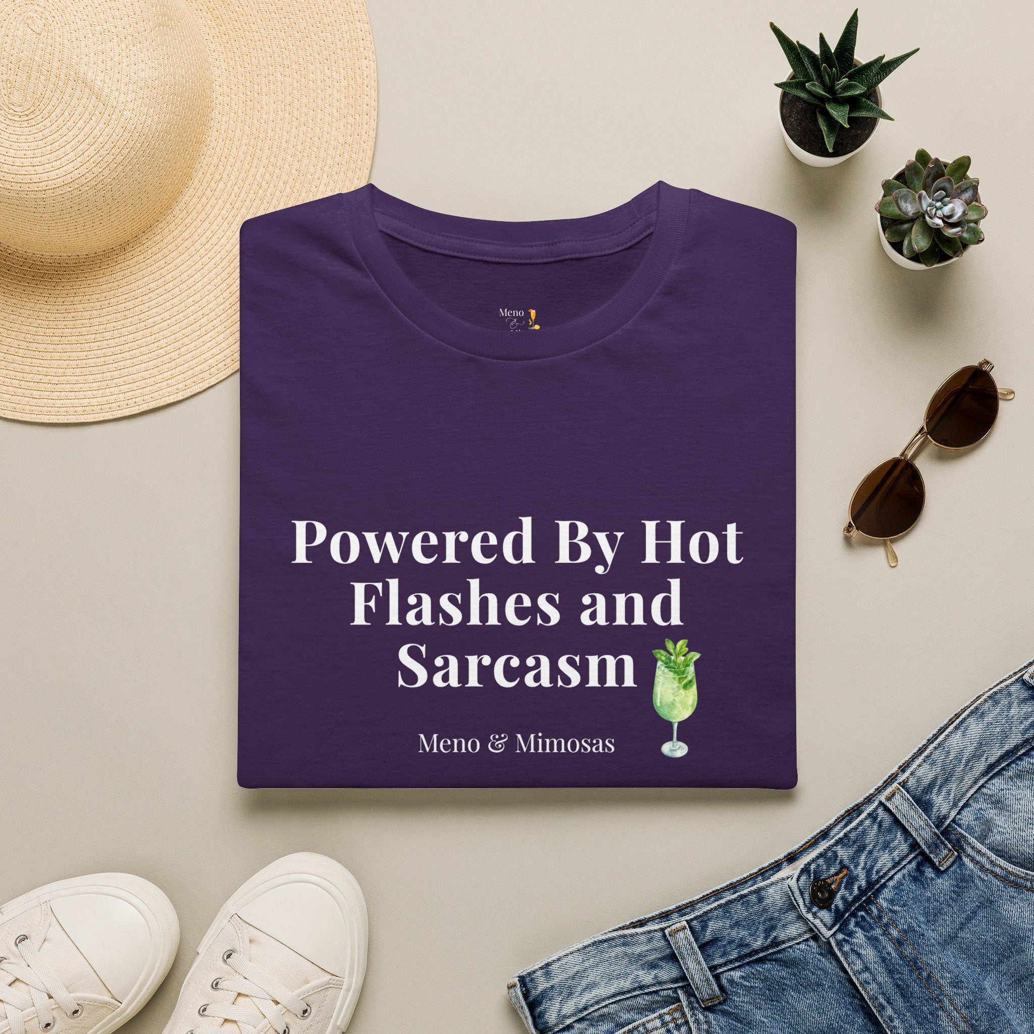 "Powered By Hot Flashes & Sarcasm" Funny Menopause T-Shirt by Meno & Mimosas