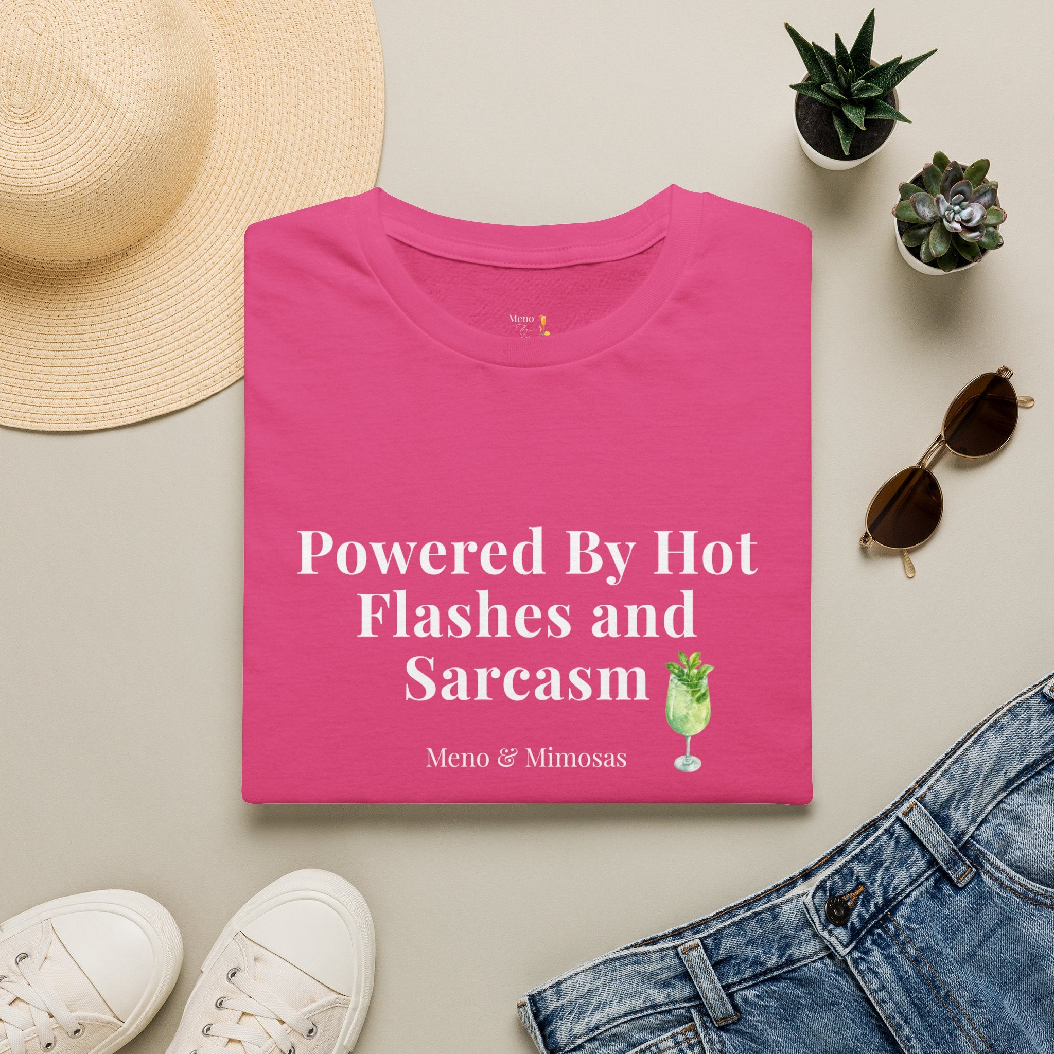 "Powered By Hot Flashes & Sarcasm" Funny Menopause T-Shirt by Meno & Mimosas