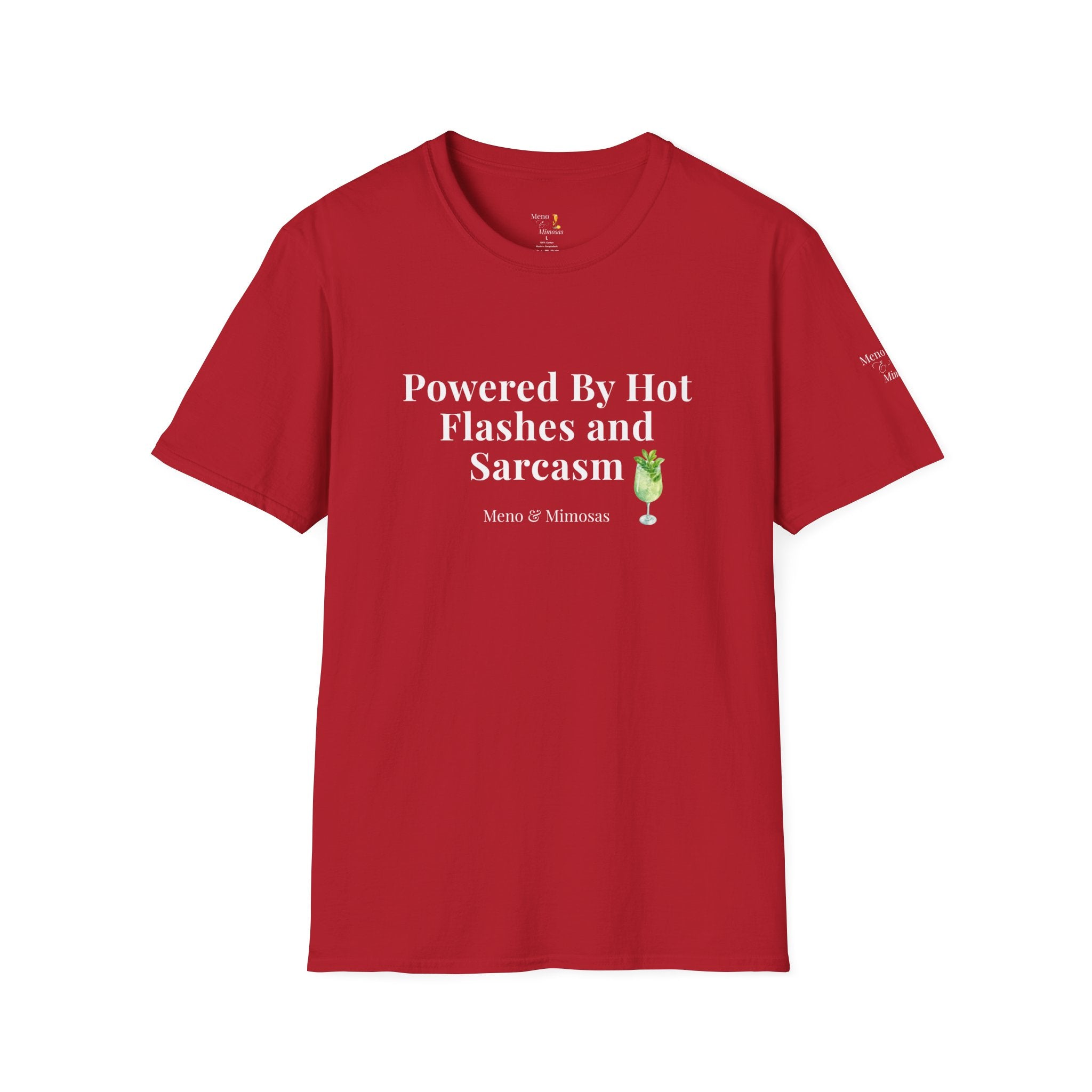 "Powered By Hot Flashes & Sarcasm" Funny Menopause T-Shirt by Meno & Mimosas
