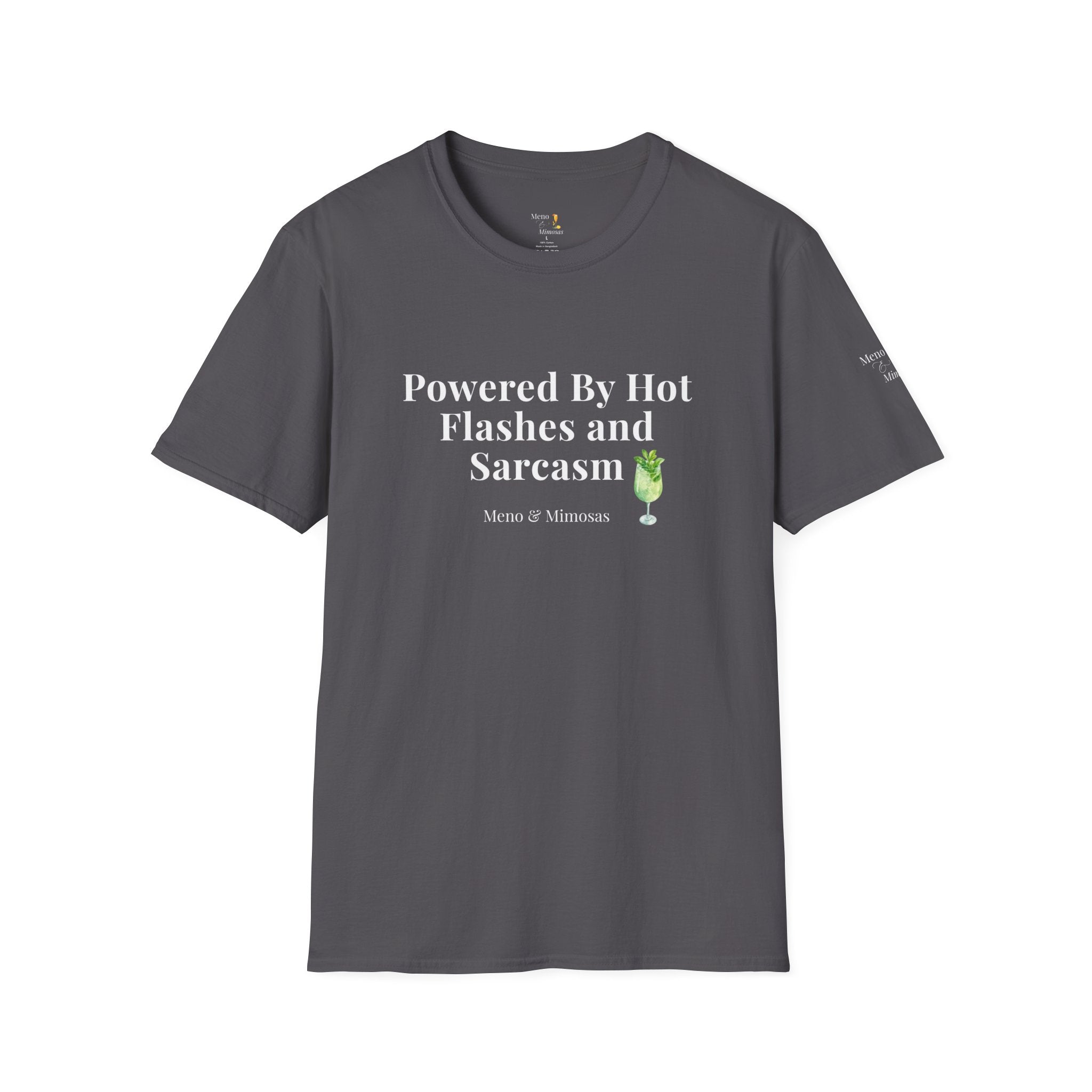 "Powered By Hot Flashes & Sarcasm" Funny Menopause T-Shirt by Meno & Mimosas