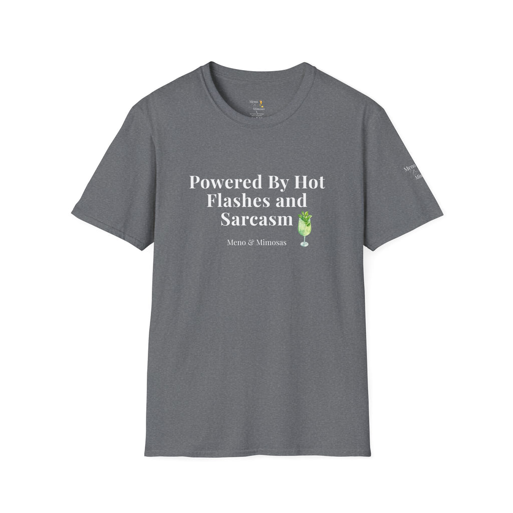 "Powered By Hot Flashes & Sarcasm" Funny Menopause T-Shirt by Meno & Mimosas