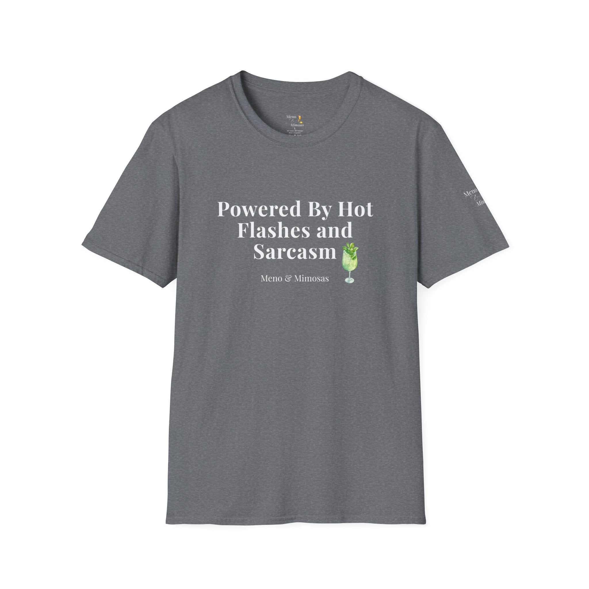 "Powered By Hot Flashes & Sarcasm" Funny Menopause T-Shirt by Meno & Mimosas