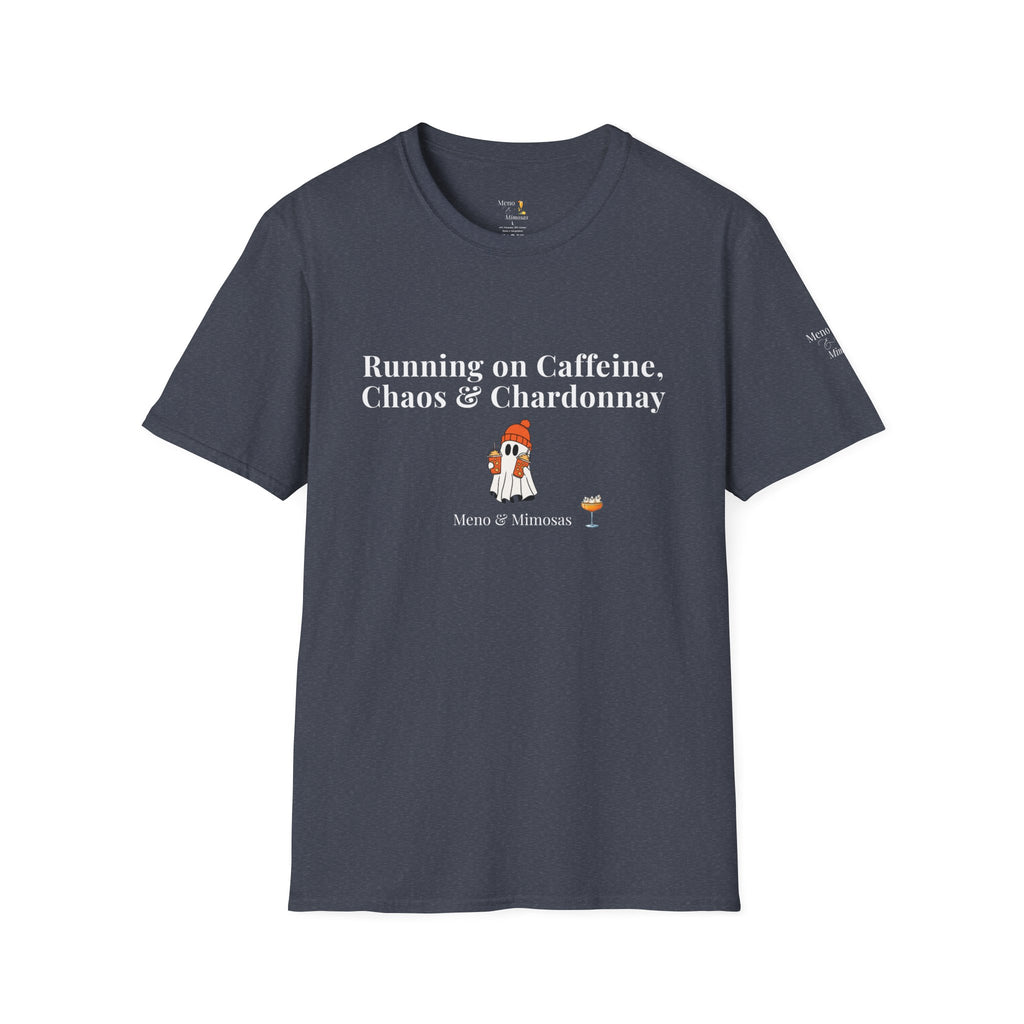 "Running on Caffeine, Chaos & Chardonnay" Funny Halloween T-Shirt by Meno & Mimosas