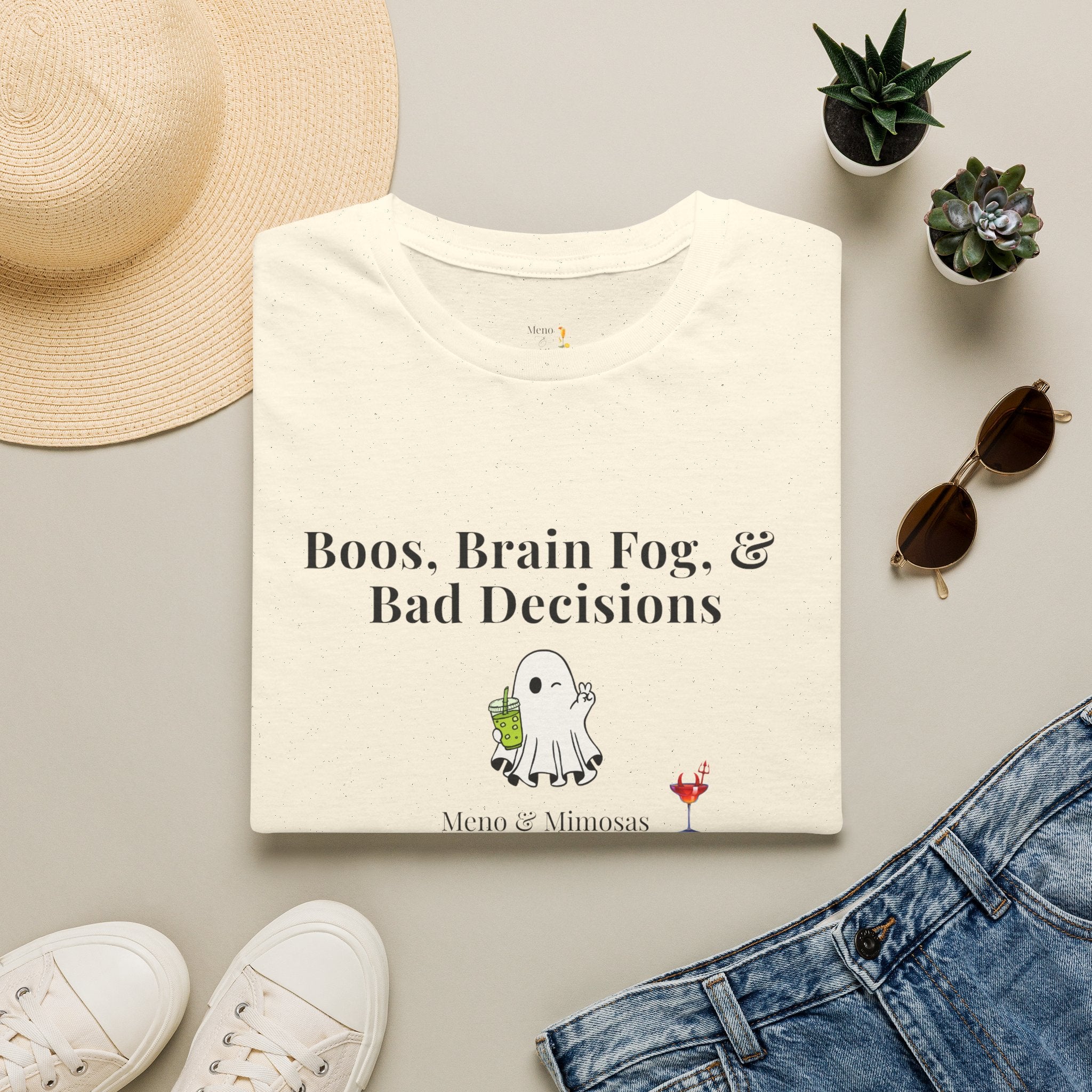 "Boos, Brain Fog, & Bad Decisions" Funny menopause humour T-Shirt from Meno & Mimosas