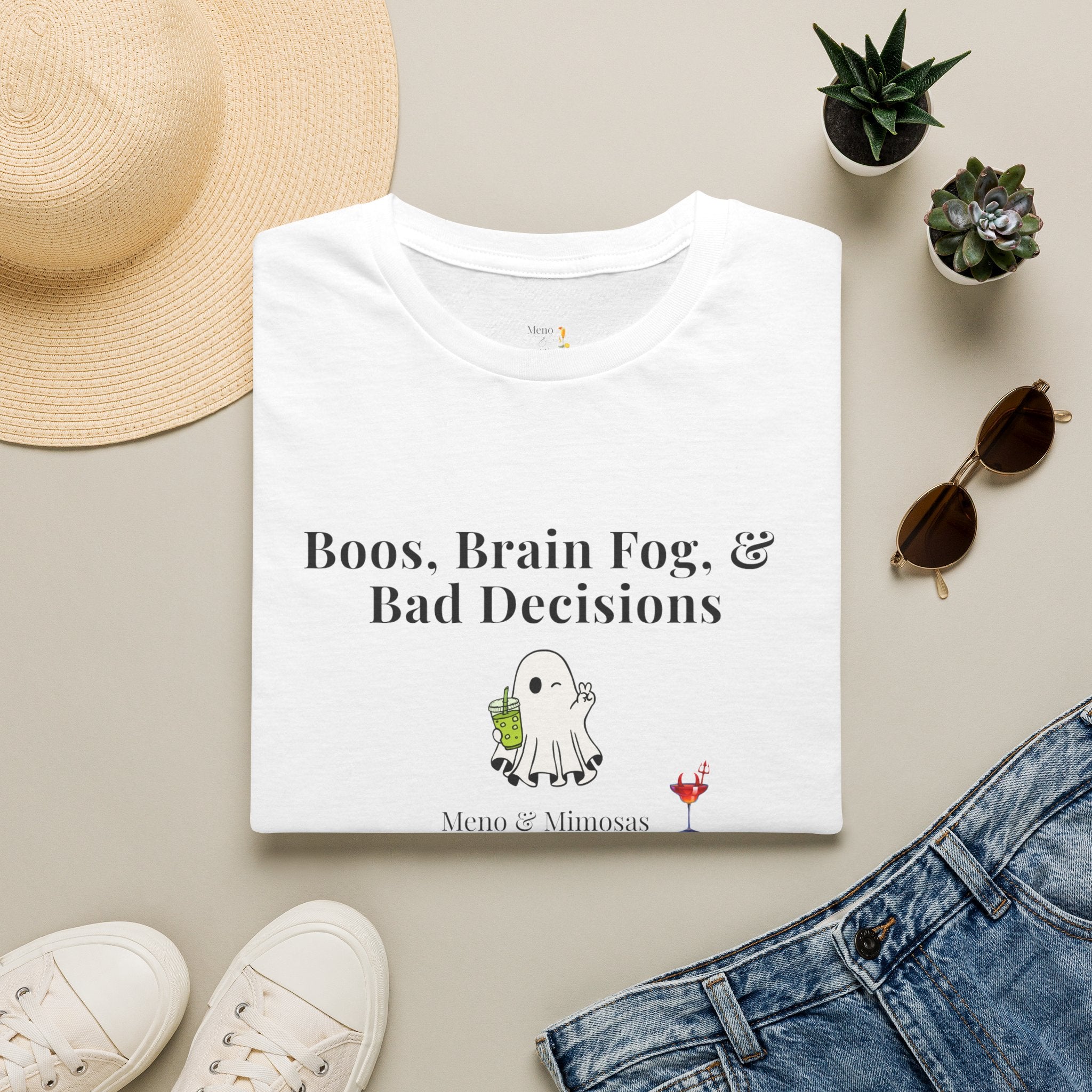 "Boos, Brain Fog, & Bad Decisions" Funny menopause humour T-Shirt from Meno & Mimosas