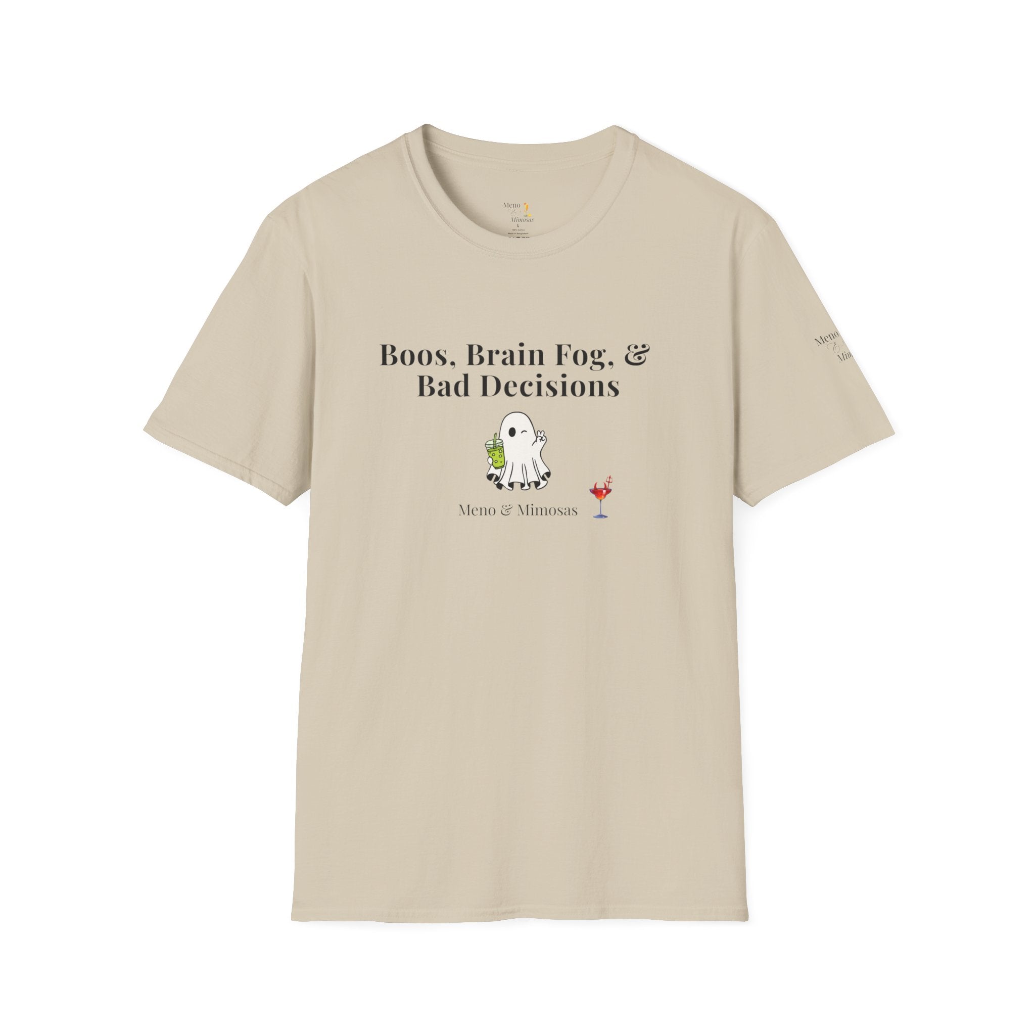 "Boos, Brain Fog, & Bad Decisions" Funny menopause humour T-Shirt from Meno & Mimosas