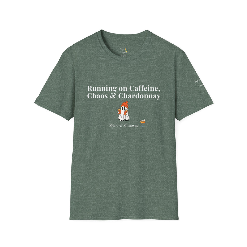 "Running on Caffeine, Chaos & Chardonnay" Funny Halloween T-Shirt by Meno & Mimosas
