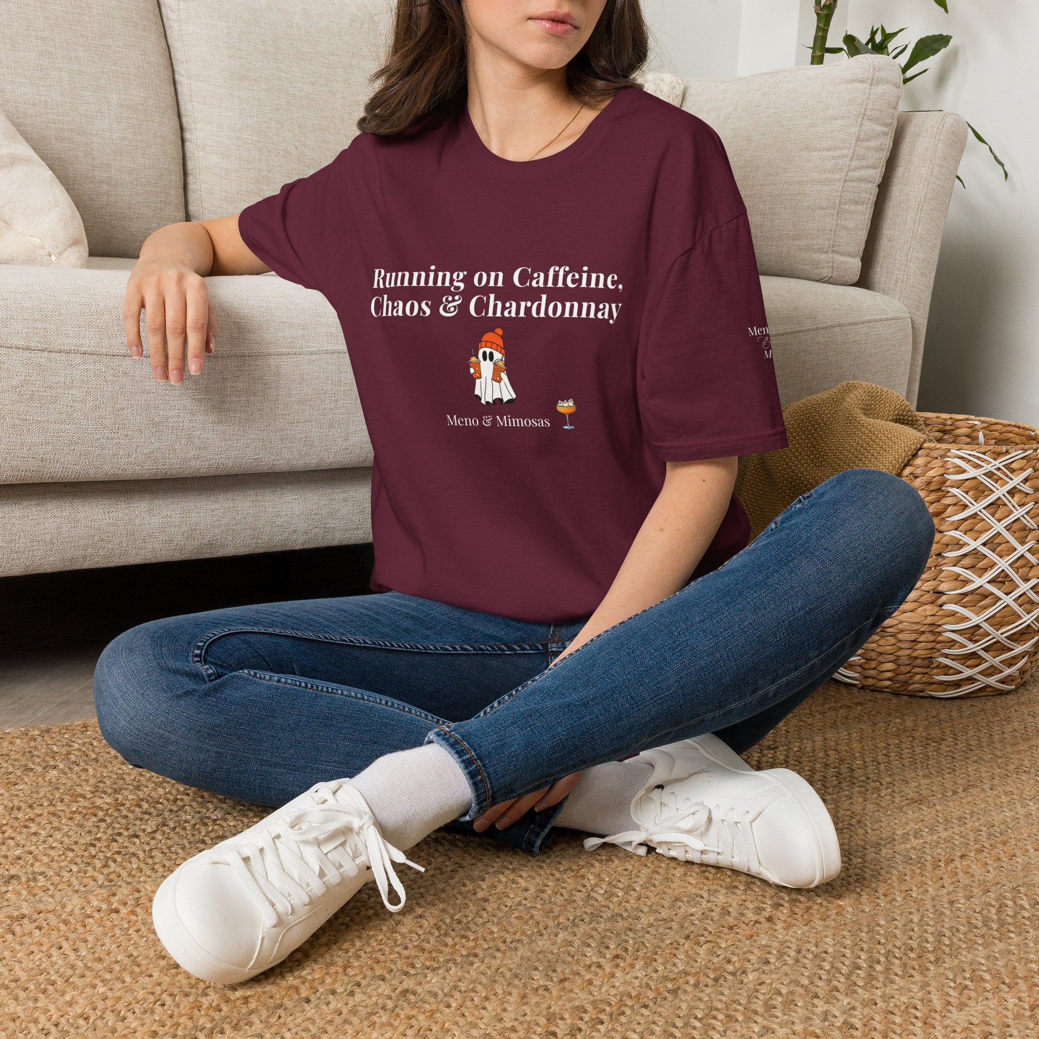 "Running on Caffeine, Chaos & Chardonnay" Funny Halloween T-Shirt by Meno & Mimosas
