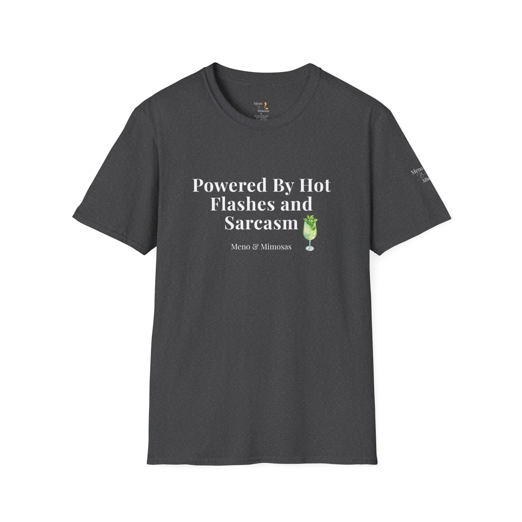 "Powered By Hot Flashes & Sarcasm" Funny Menopause T-Shirt by Meno & Mimosas