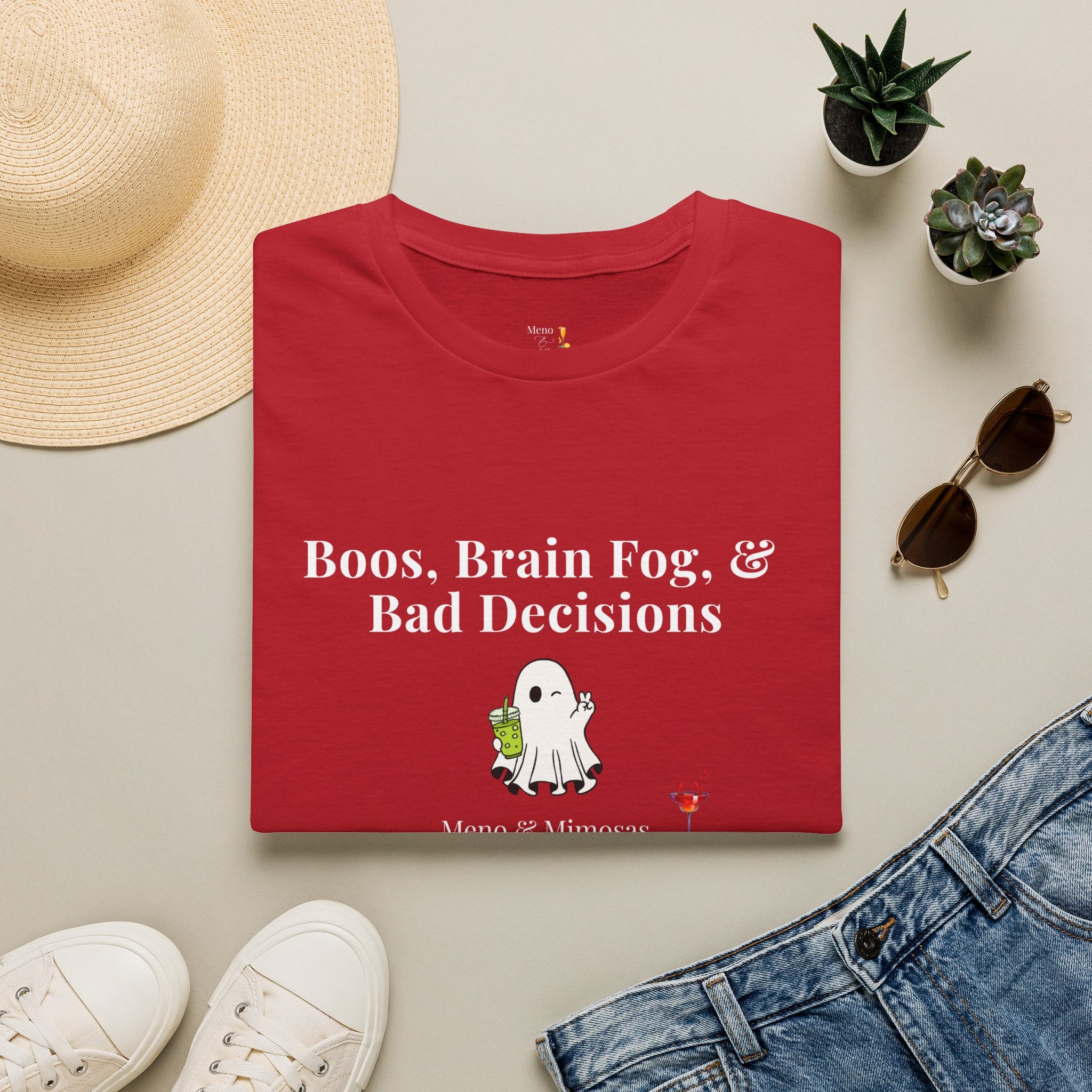 "Boos, Brain Fog & Bad Decisions" Funny Menopause Humour T-Shirt by Meno & Mimosas