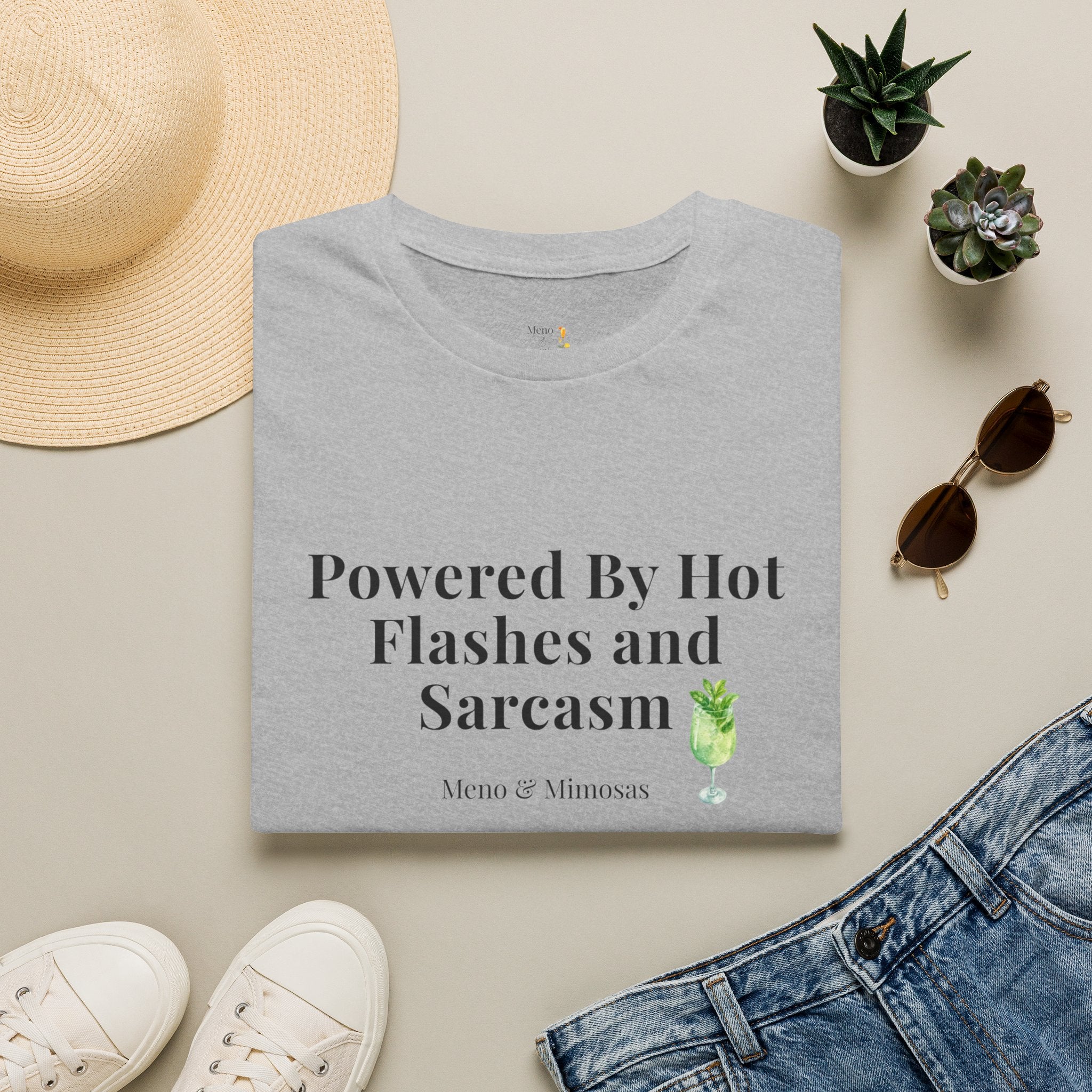 "Powered By Hot Flashes and Sarcasm" Funny Menopause T-Shirt by Meno & Mimosas