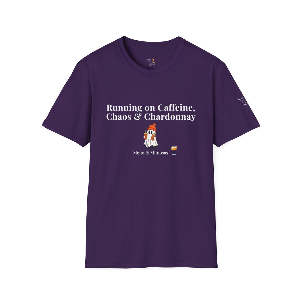 "Running on Caffeine, Chaos & Chardonnay" Funny Halloween T-Shirt by Meno & Mimosas