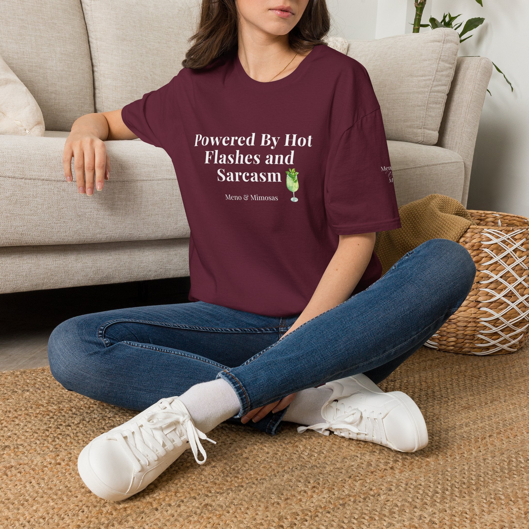 "Powered By Hot Flashes & Sarcasm" Funny Menopause T-Shirt by Meno & Mimosas