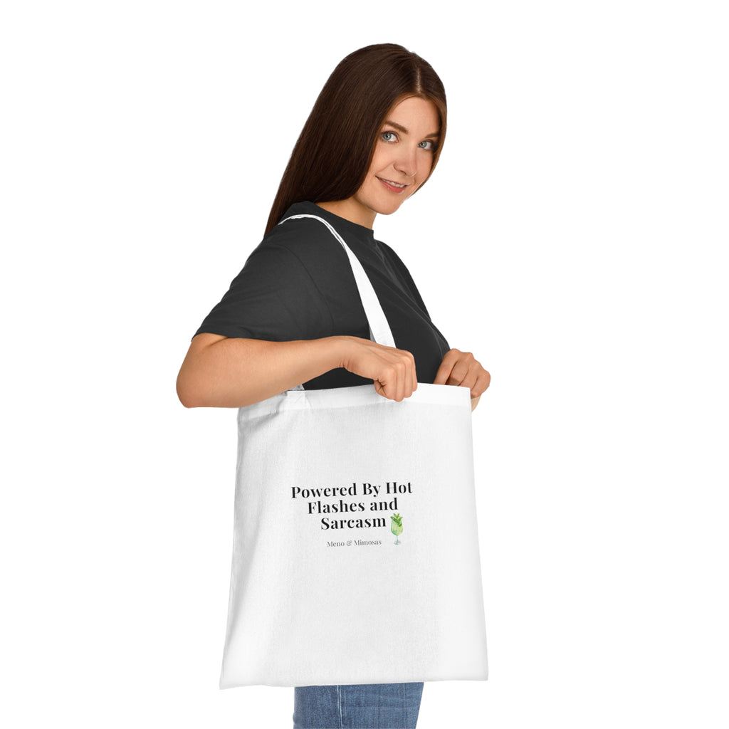 "Powered by Hot Flashes and Sarcasm" Funny Menopause Cotton Tote Shopping Bag by Meno & Mimosas