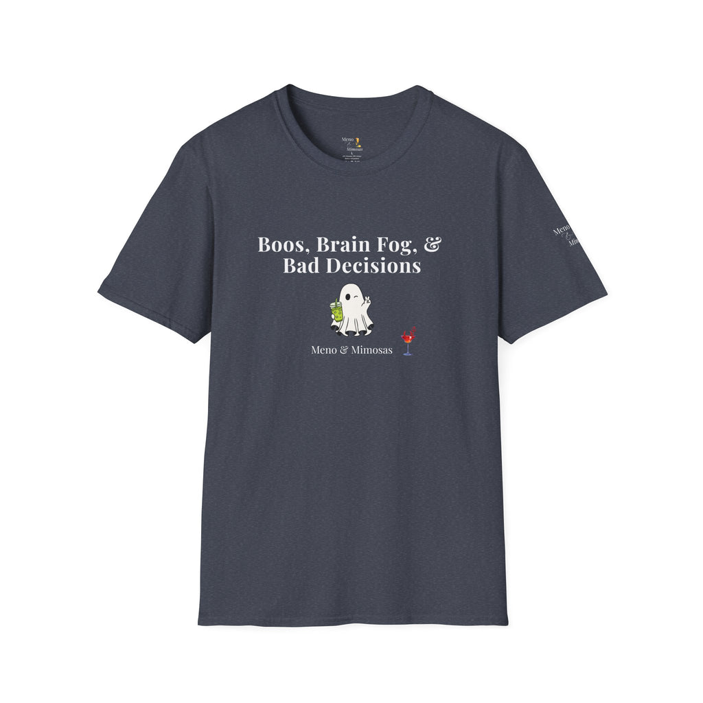 "Boos, Brain Fog & Bad Decisions" Funny Menopause Humour T-Shirt by Meno & Mimosas