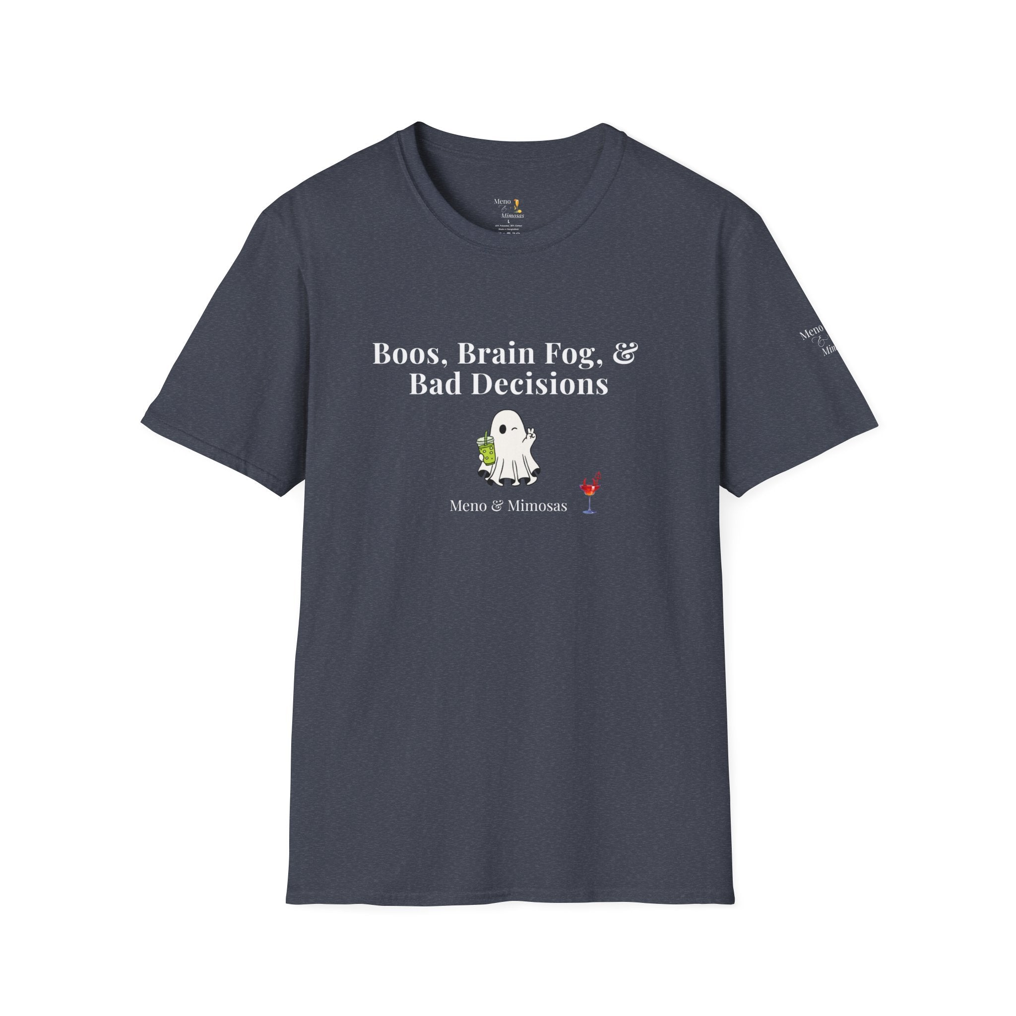 "Boos, Brain Fog & Bad Decisions" Funny Menopause Humour T-Shirt by Meno & Mimosas