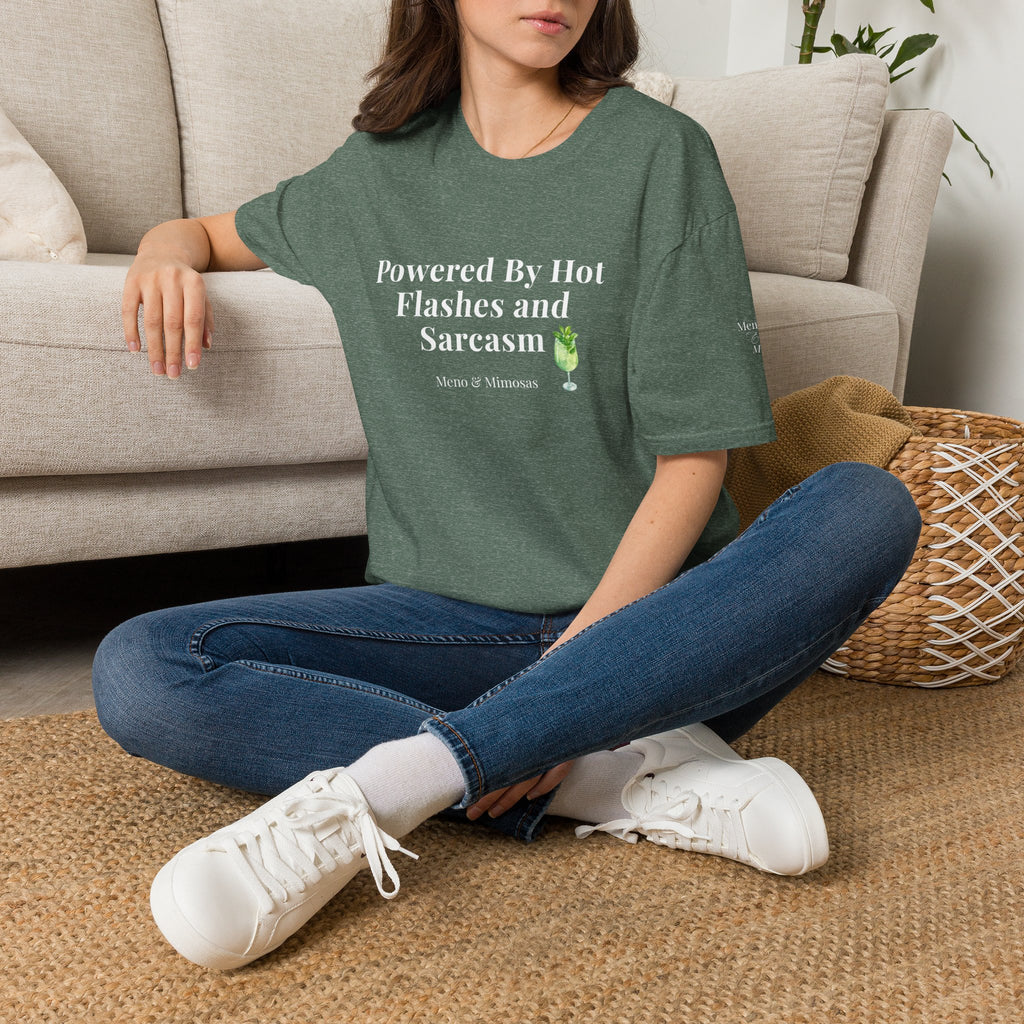 "Powered By Hot Flashes & Sarcasm" Funny Menopause T-Shirt by Meno & Mimosas