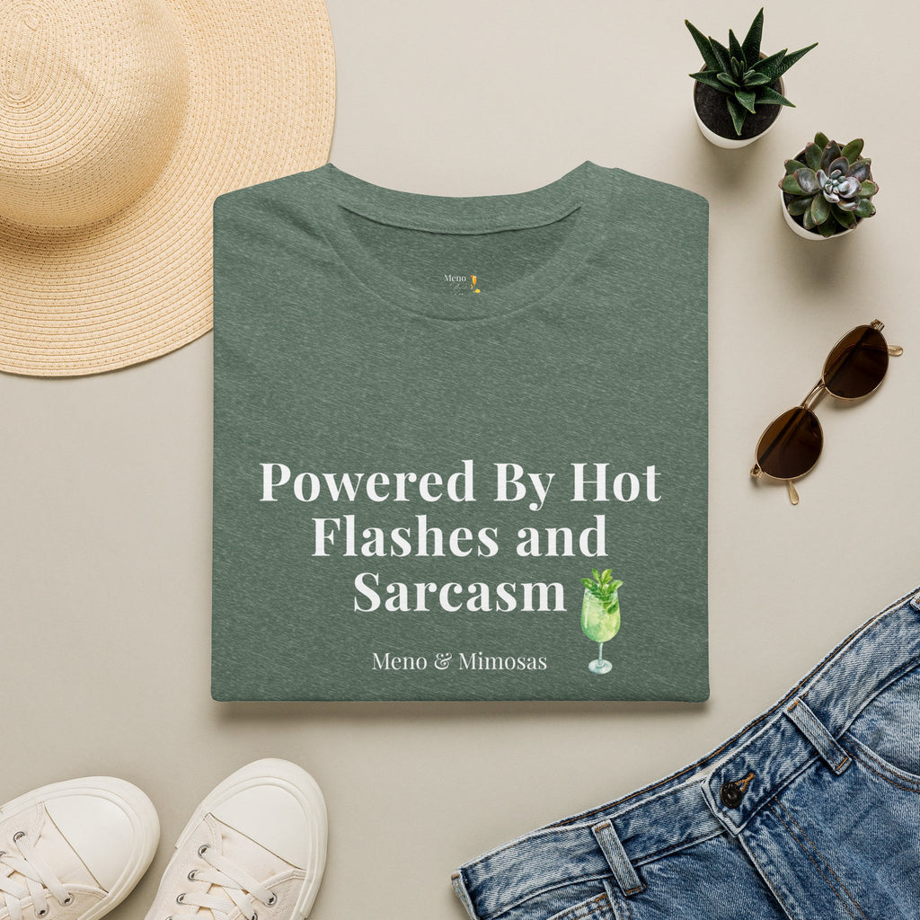 "Powered By Hot Flashes & Sarcasm" Funny Menopause T-Shirt by Meno & Mimosas