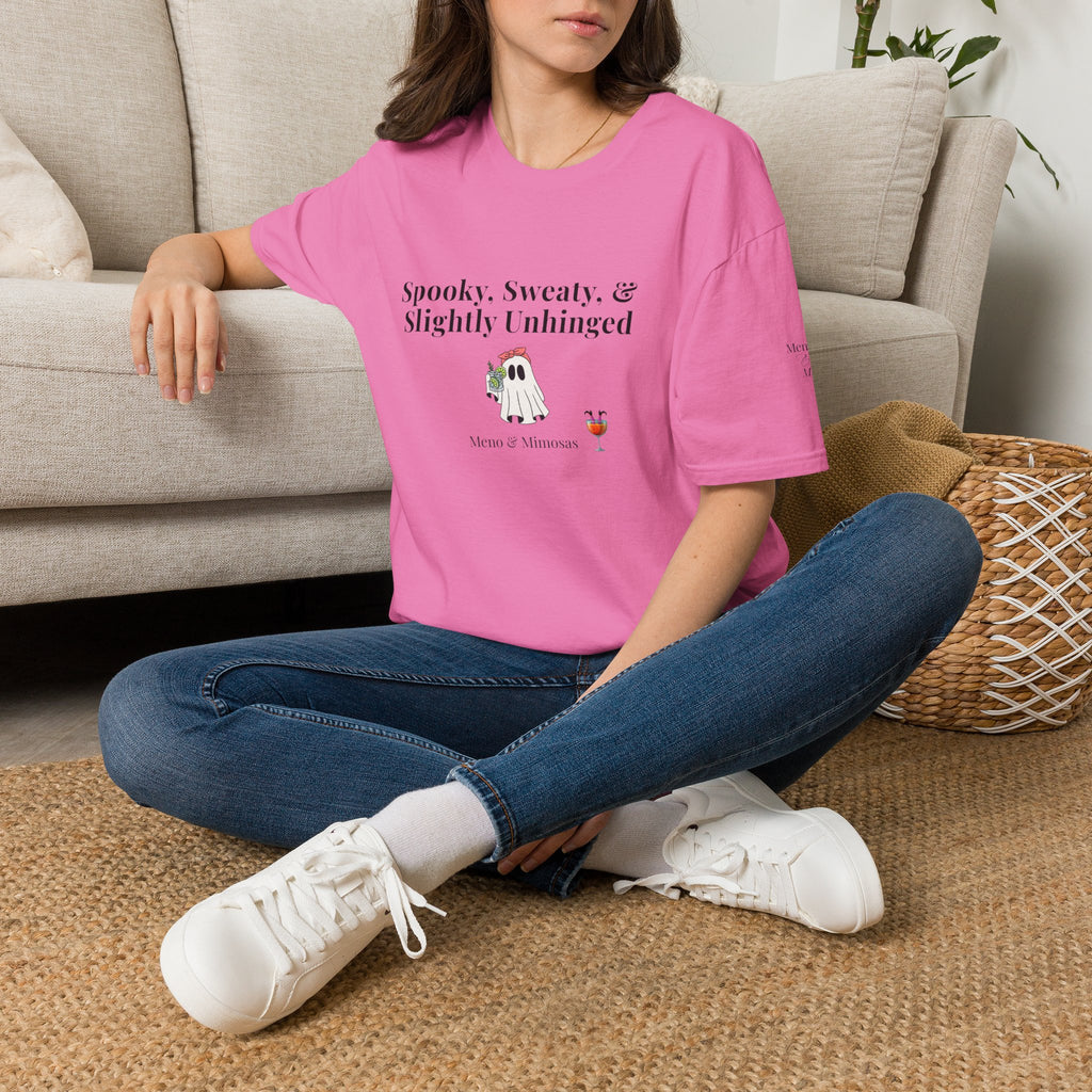 "Spooky, Sweaty, & Slightly Unhinged Funny T-Shirt by Meno & Mimosas - Halloween Collection