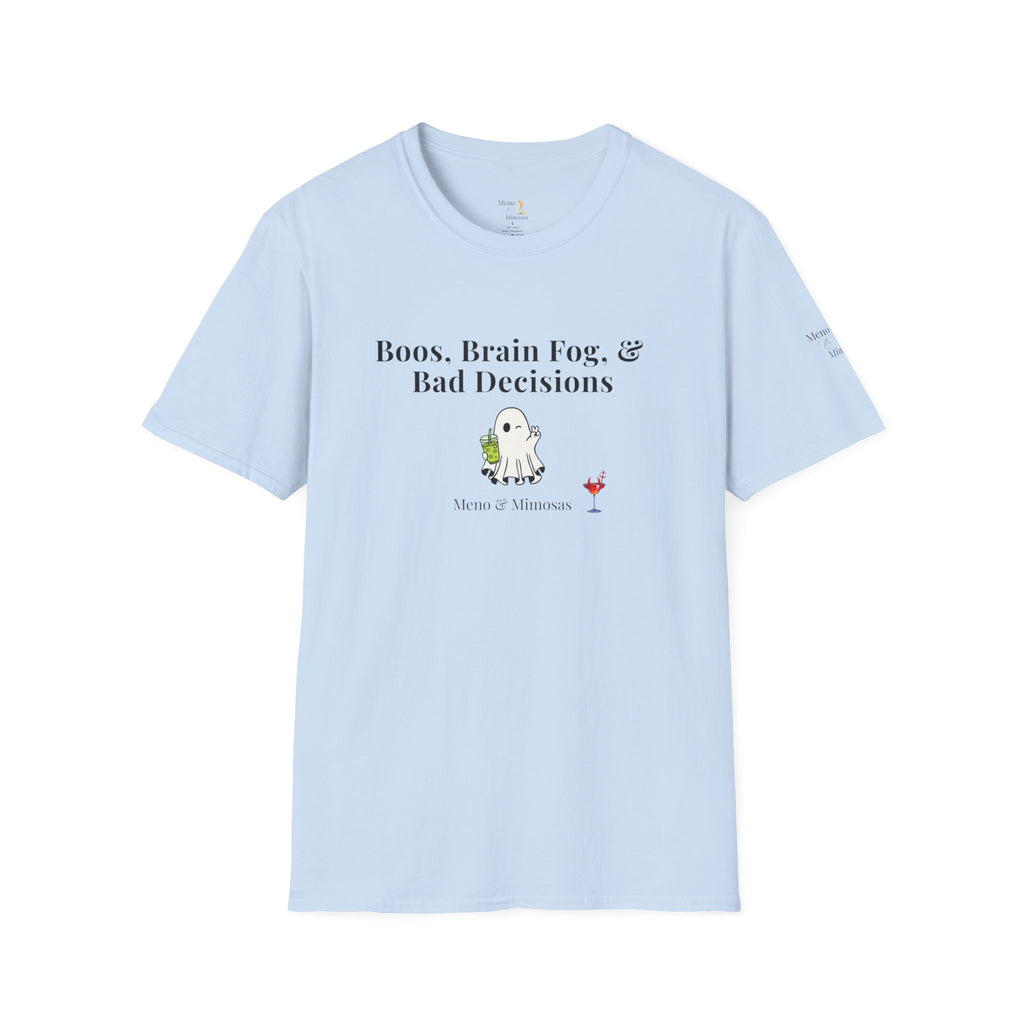 "Boos, Brain Fog, & Bad Decisions" Funny menopause humour T-Shirt from Meno & Mimosas