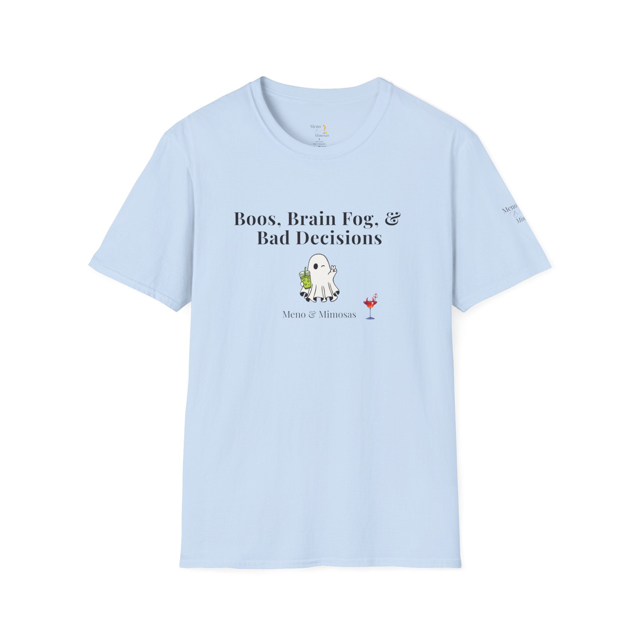 "Boos, Brain Fog, & Bad Decisions" Funny menopause humour T-Shirt from Meno & Mimosas