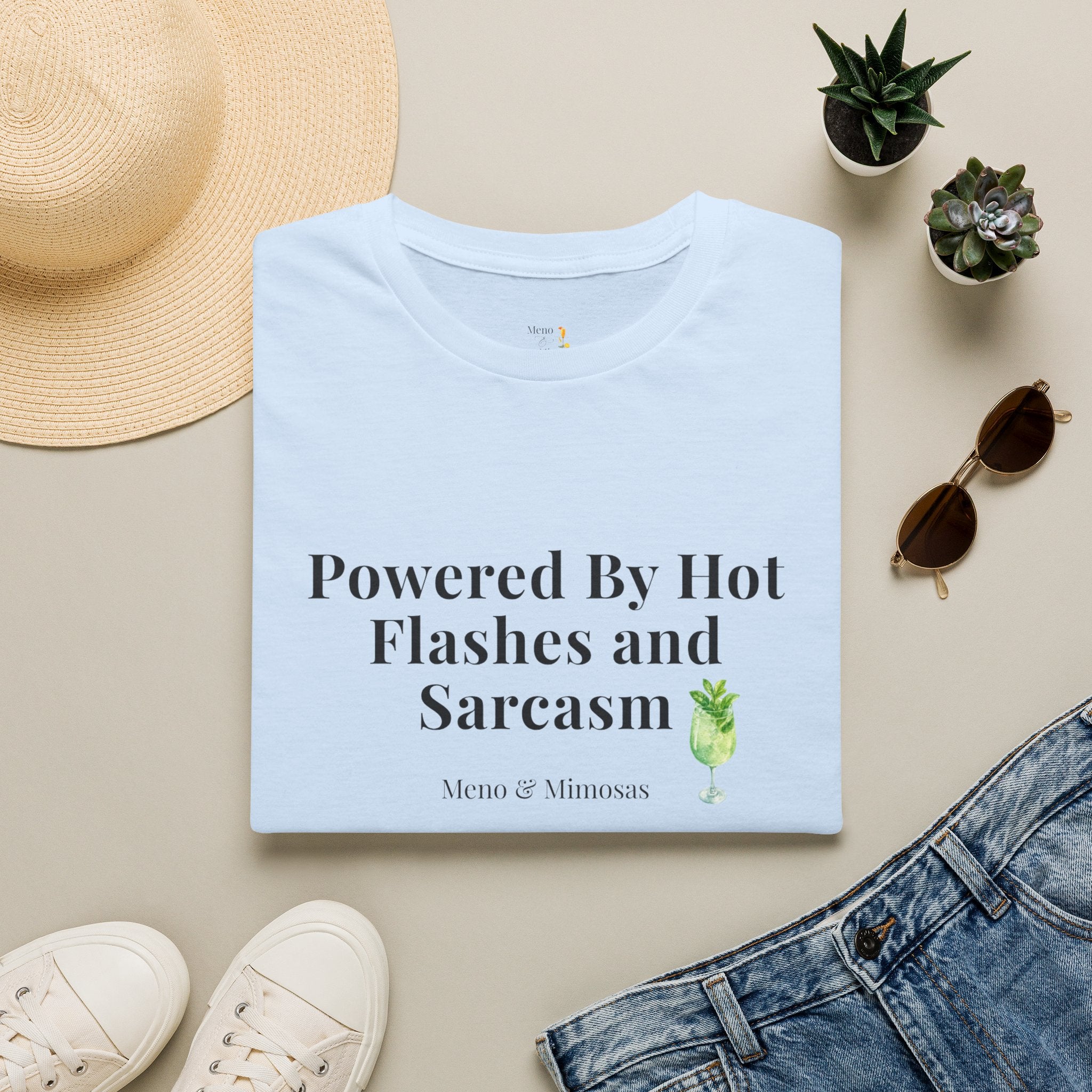 "Powered By Hot Flashes and Sarcasm" Funny Menopause T-Shirt by Meno & Mimosas