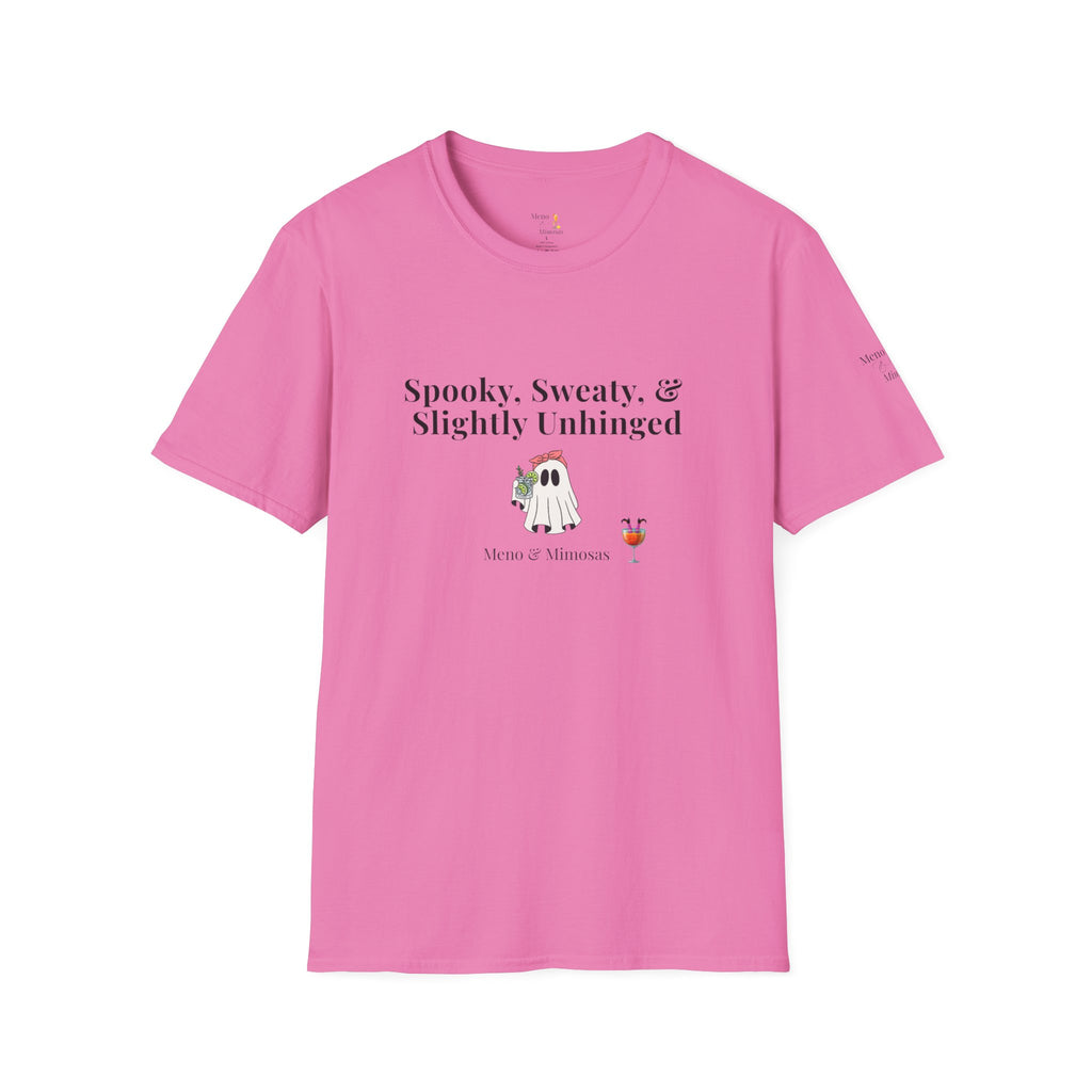 "Spooky, Sweaty, & Slightly Unhinged Funny T-Shirt by Meno & Mimosas - Halloween Collection