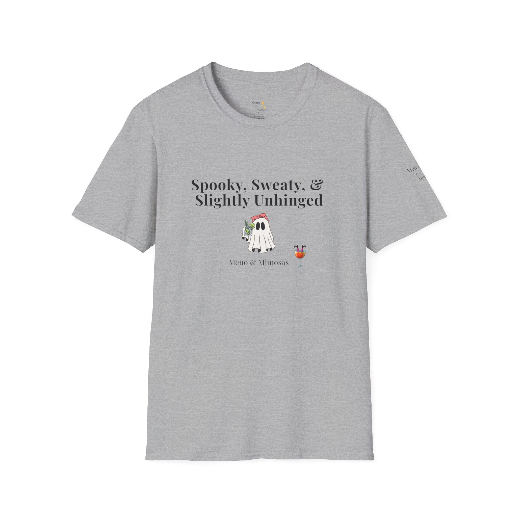 "Spooky, Sweaty, & Slightly Unhinged Funny T-Shirt by Meno & Mimosas - Halloween Collection