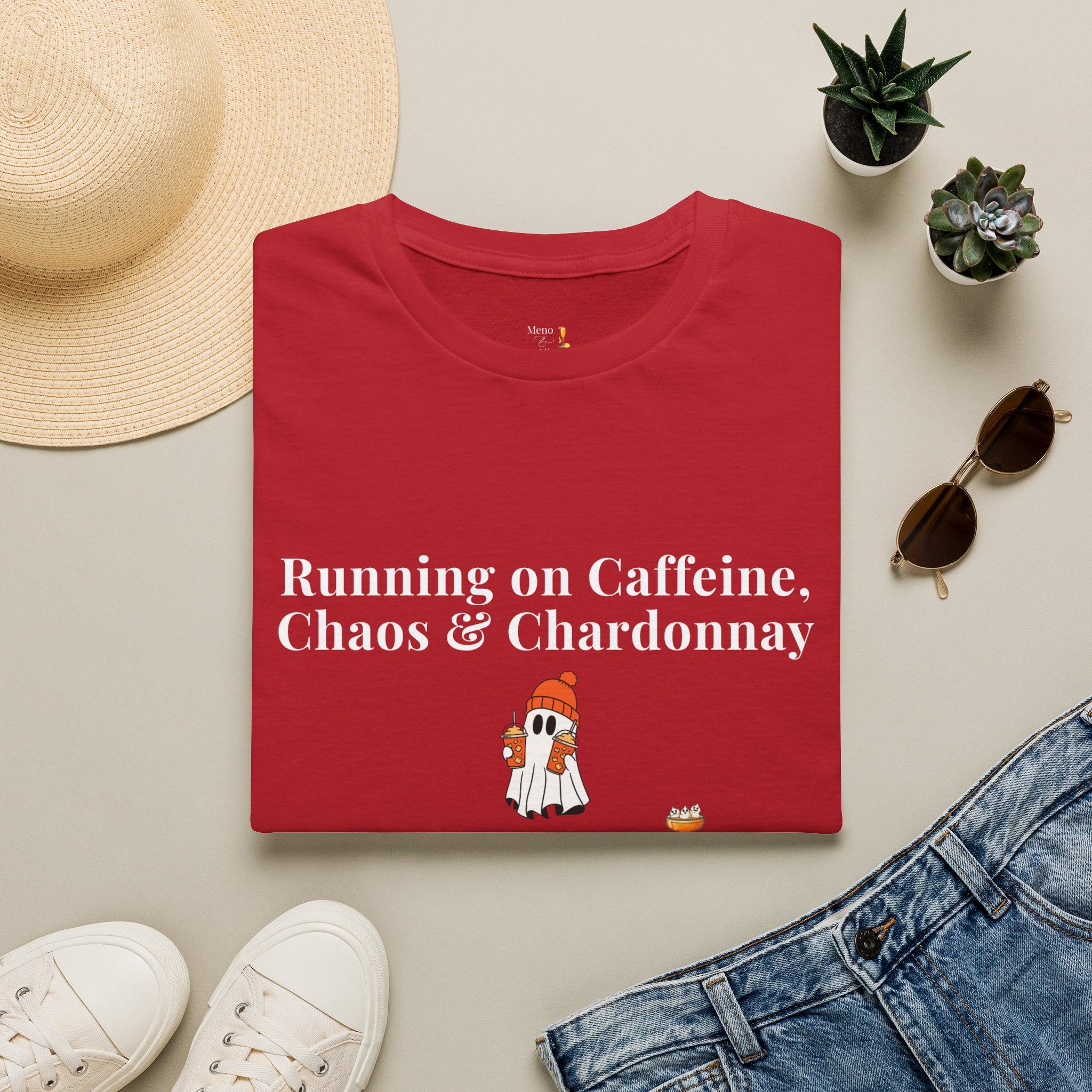 "Running on Caffeine, Chaos & Chardonnay" Funny Halloween T-Shirt by Meno & Mimosas