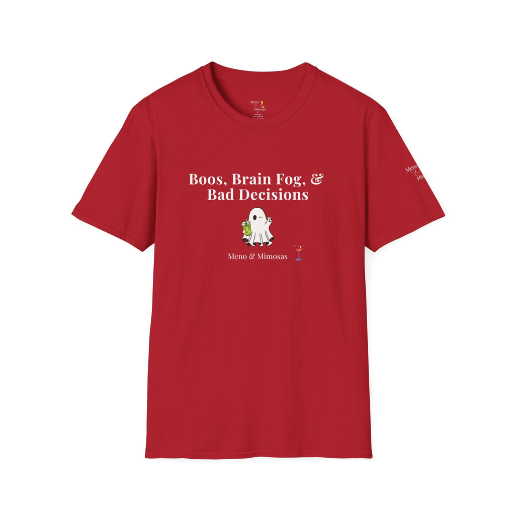 "Boos, Brain Fog & Bad Decisions" Funny Menopause Humour T-Shirt by Meno & Mimosas