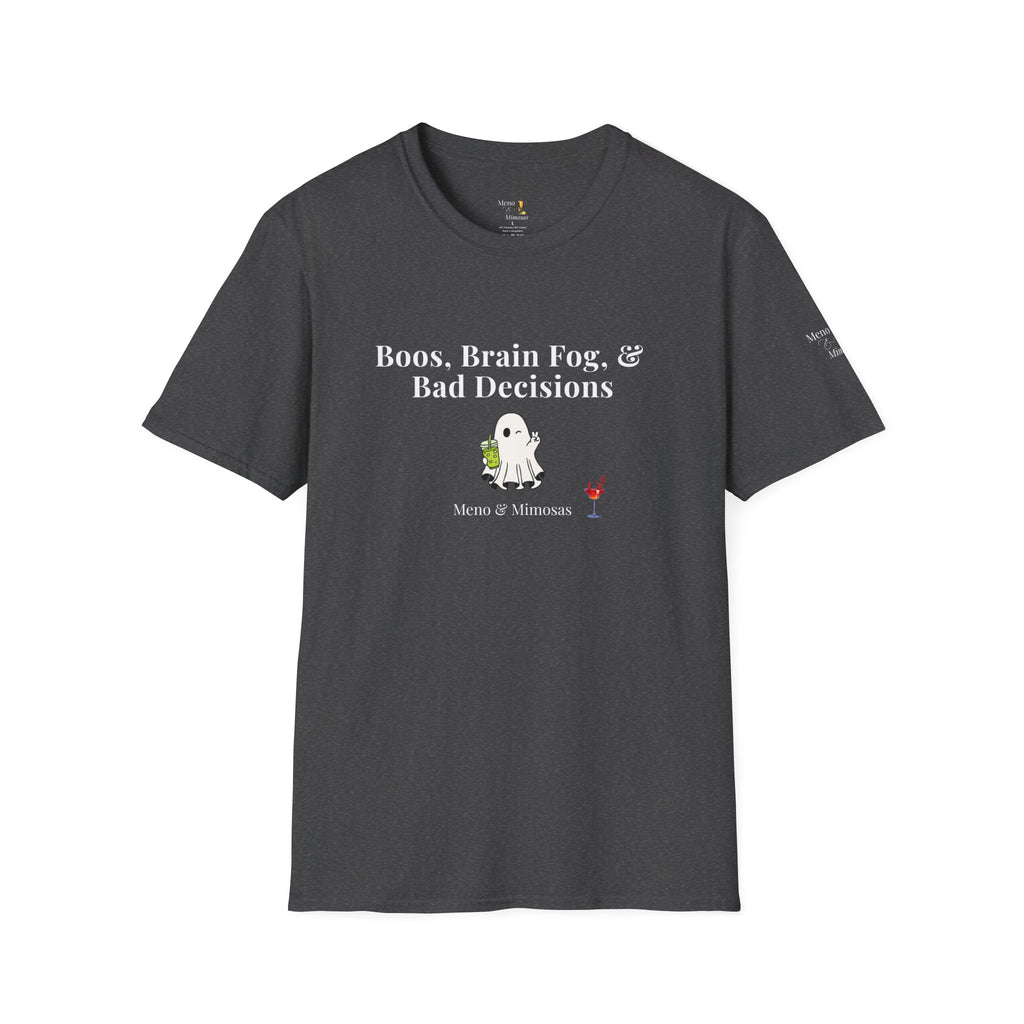 "Boos, Brain Fog & Bad Decisions" Funny Menopause Humour T-Shirt by Meno & Mimosas