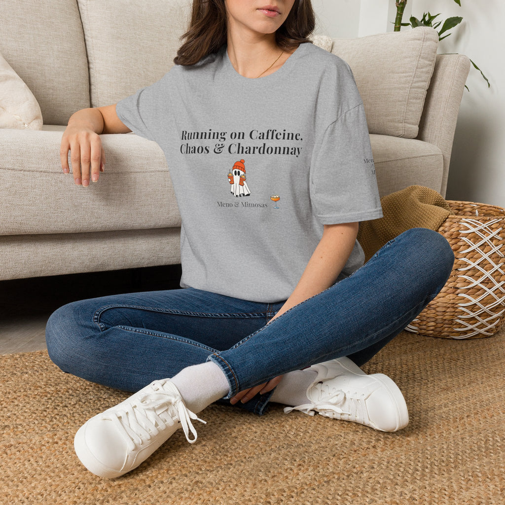 "Running on Caffeine, Chaos, & Chardonnay" Funny Menopause Humour T-Shirt by Meno & Mimosas - Halloween Collection