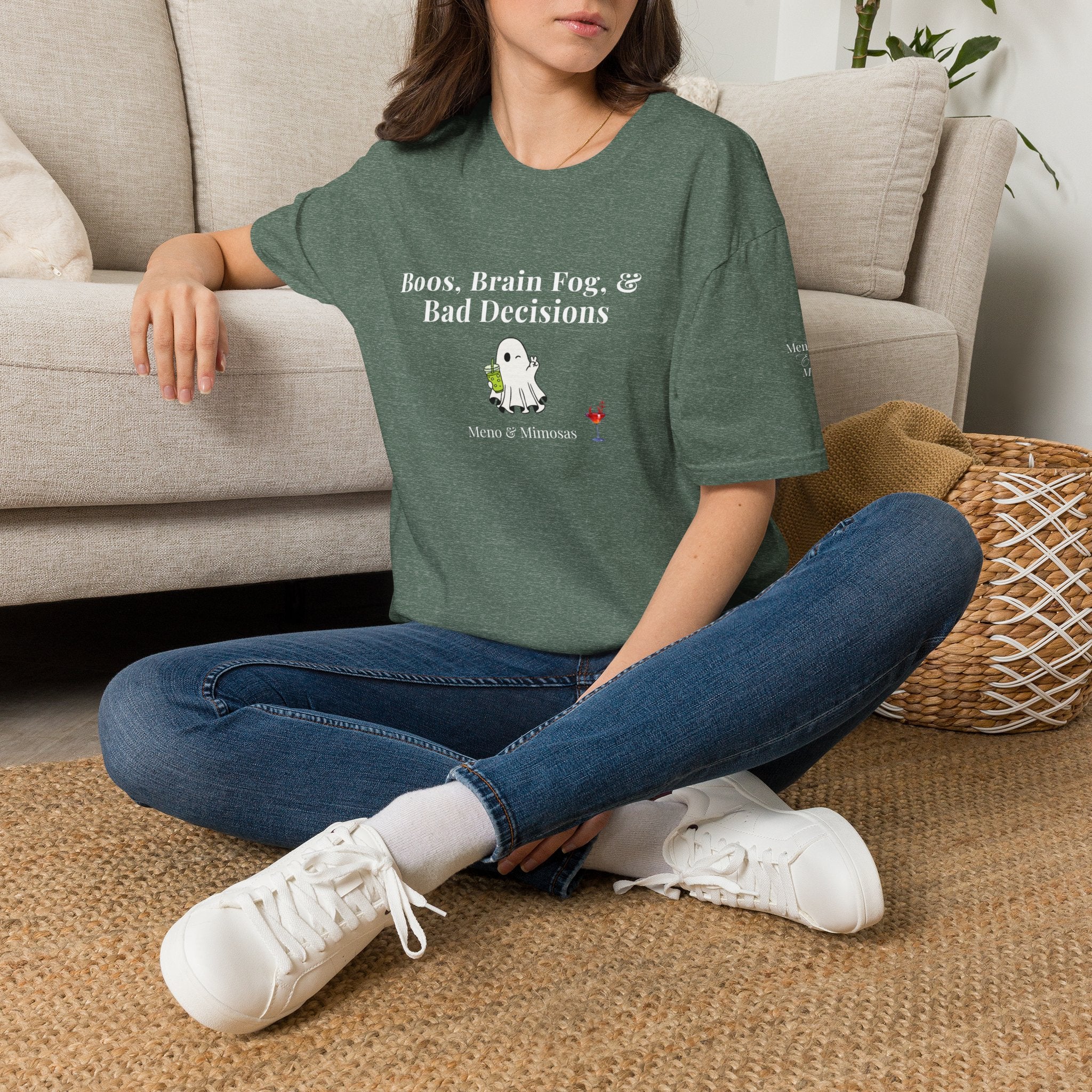 "Boos, Brain Fog & Bad Decisions" Funny Menopause Humour T-Shirt by Meno & Mimosas