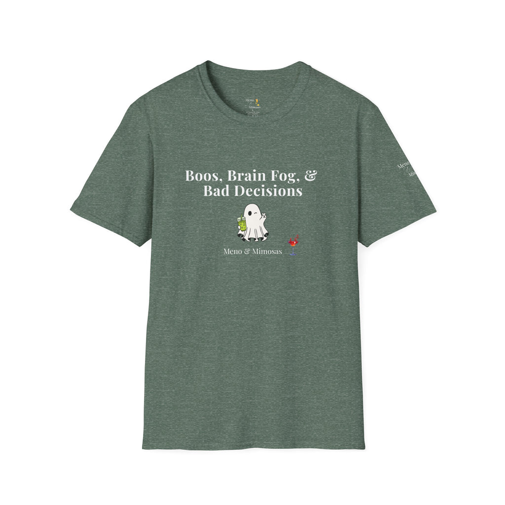 "Boos, Brain Fog & Bad Decisions" Funny Menopause Humour T-Shirt by Meno & Mimosas