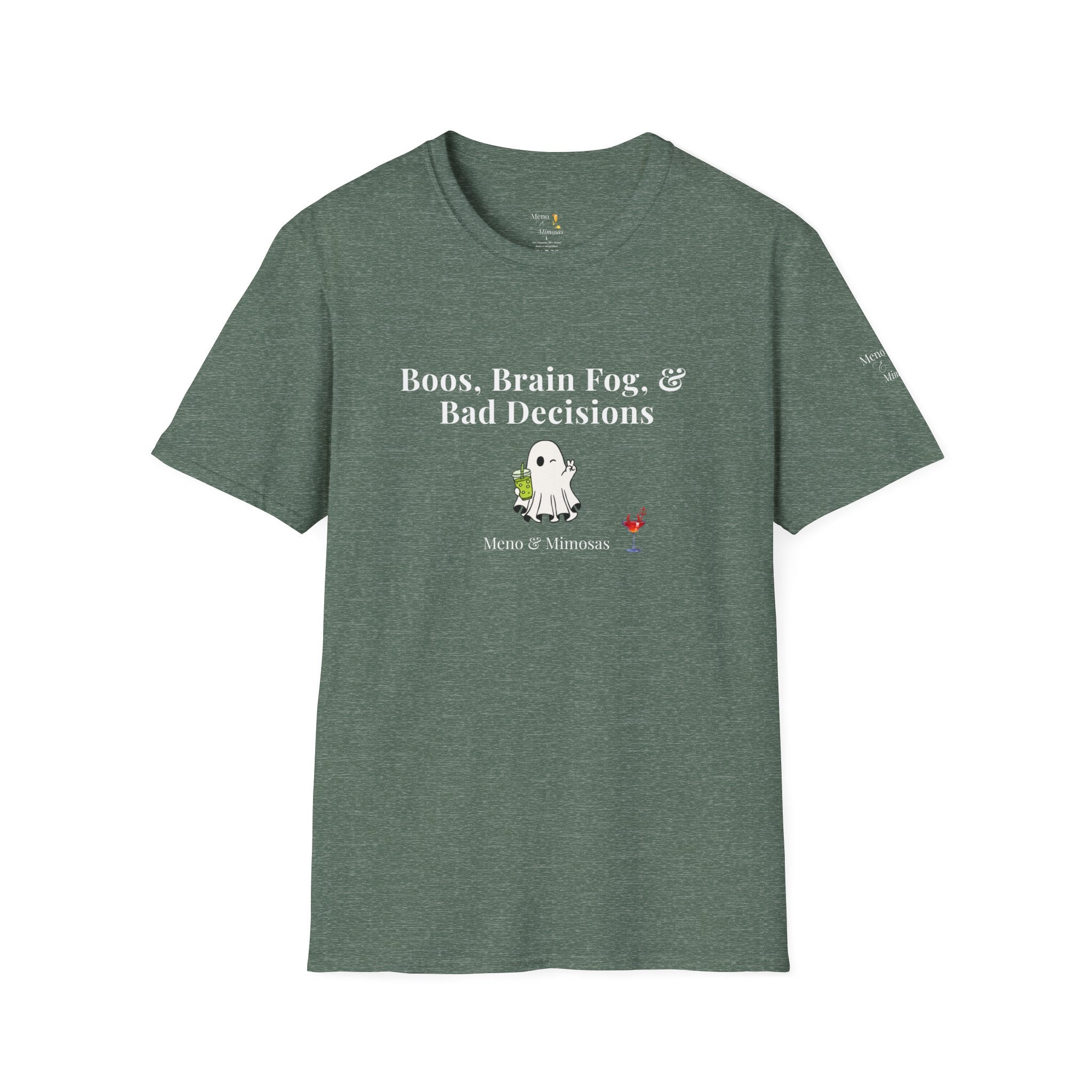 "Boos, Brain Fog & Bad Decisions" Funny Menopause Humour T-Shirt by Meno & Mimosas