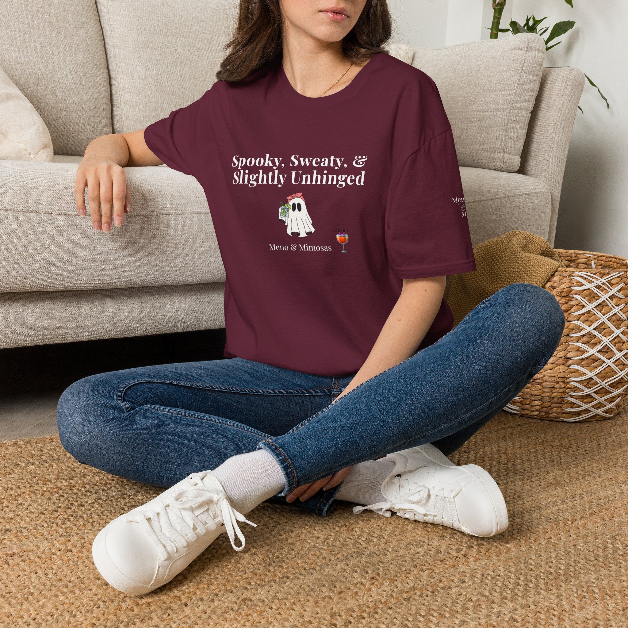 "Spooky, Sweaty, & Slightly Unhinged" Funny T-Shirt from Meno & Mimosas Halloween Collection