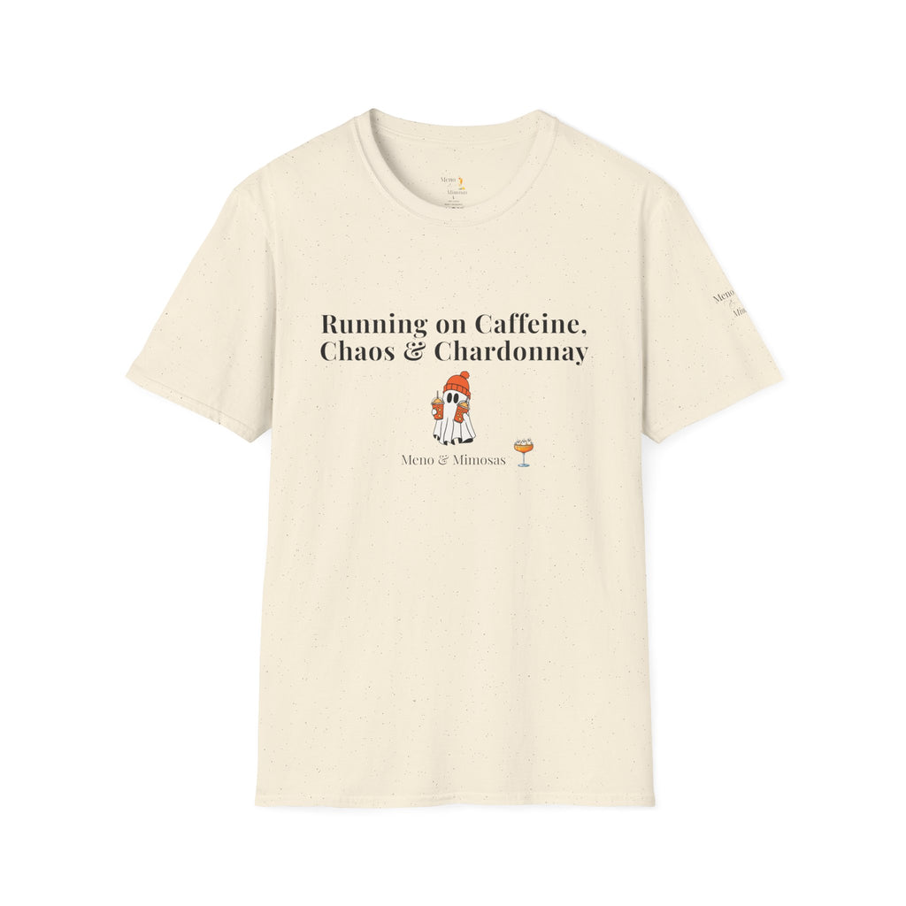 "Running on Caffeine, Chaos, & Chardonnay" Funny Menopause Humour T-Shirt by Meno & Mimosas - Halloween Collection
